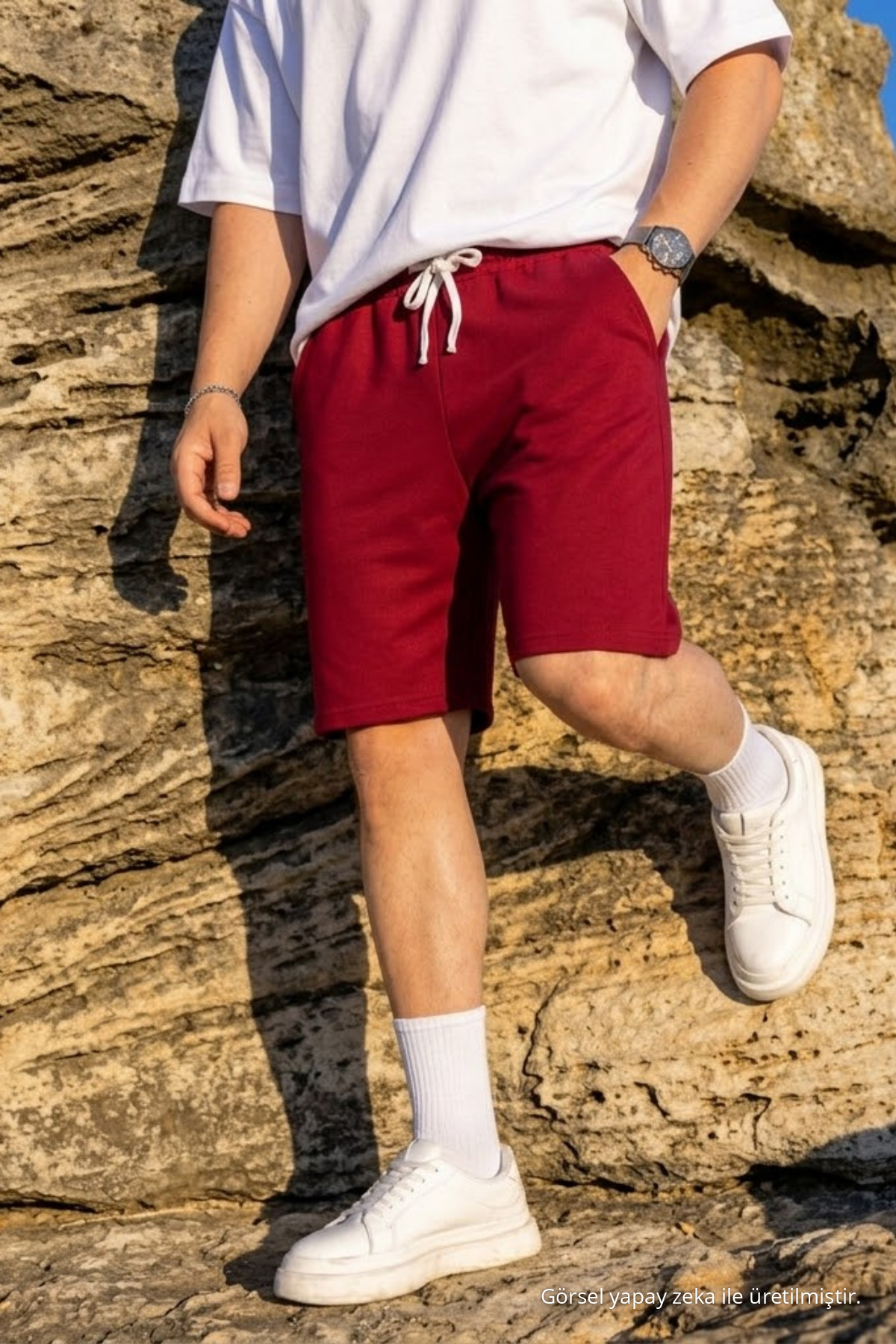 Erkek Pamuklu Casual Cepli Bol Bordo Şort 3
