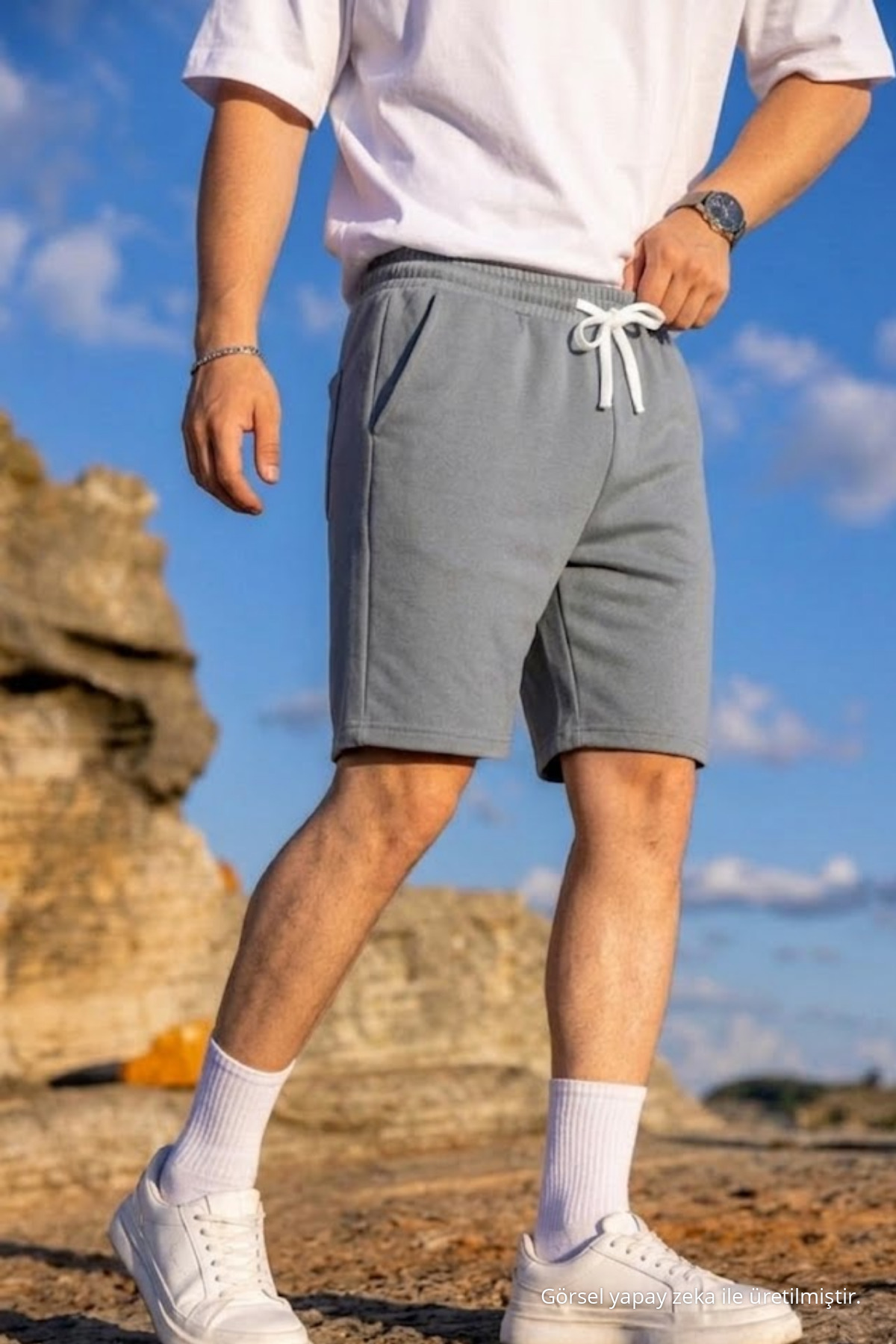 Erkek Pamuklu Casual Cepli Bol Gri Şort 5