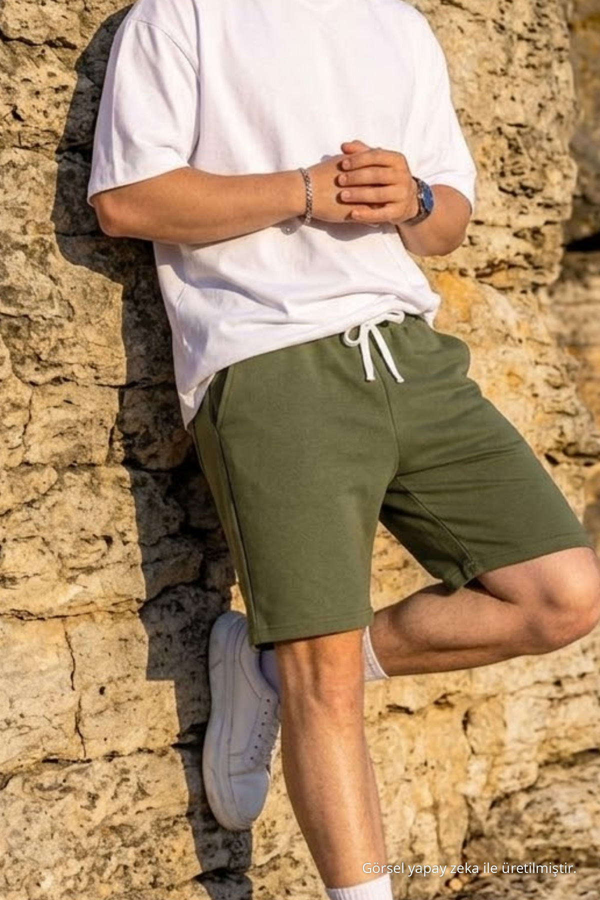 Erkek Pamuklu Casual Cepli Bol Haki Şort 4