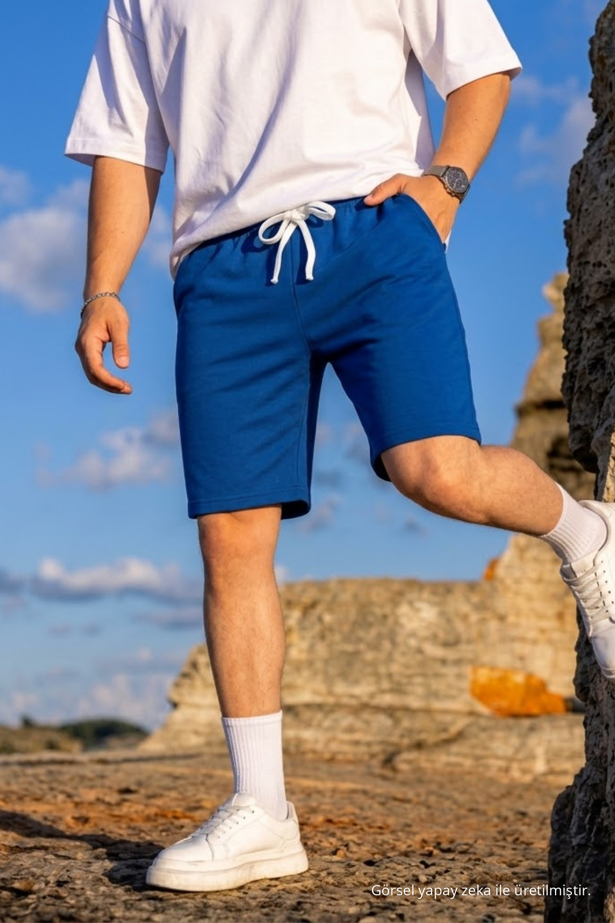 Erkek Pamuklu Casual Cepli Bol Mavi Şort 3