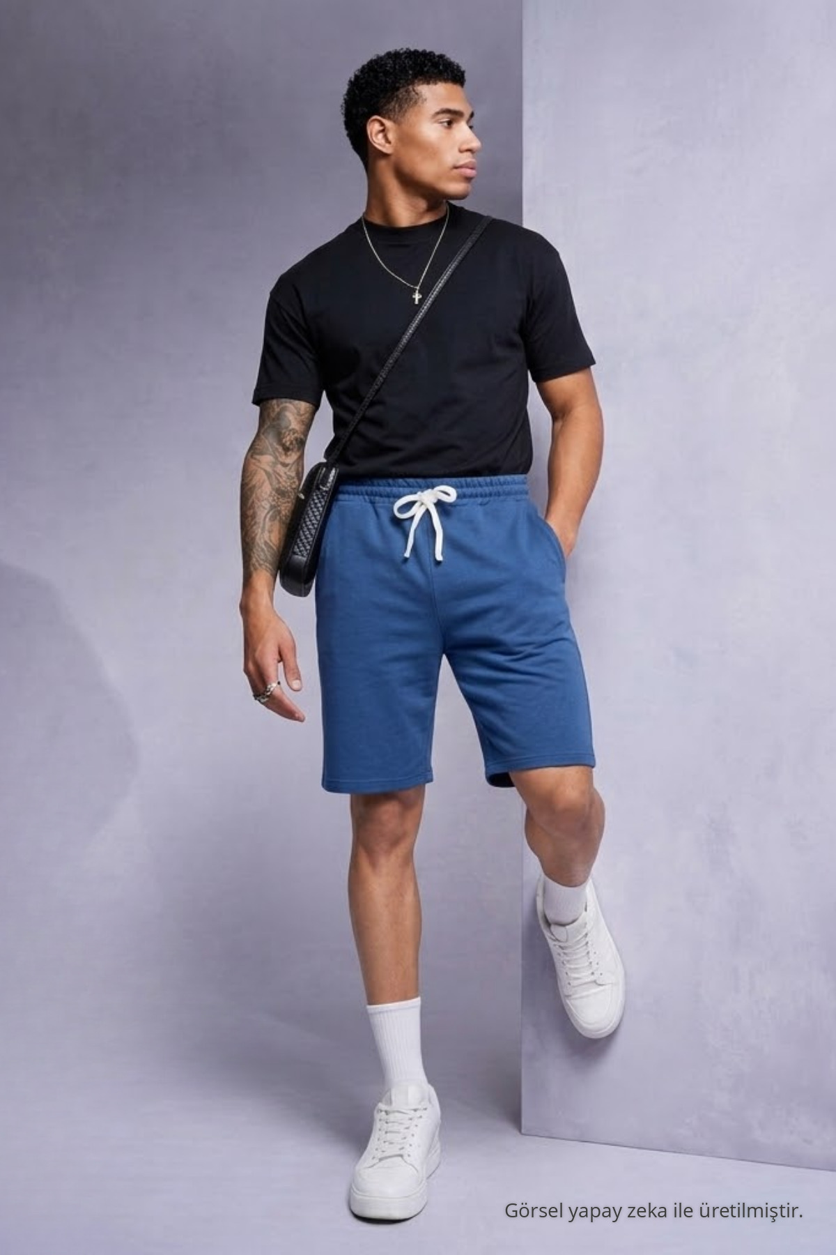 Erkek Comfort Fit Diz Üstü Mavi Şort 3