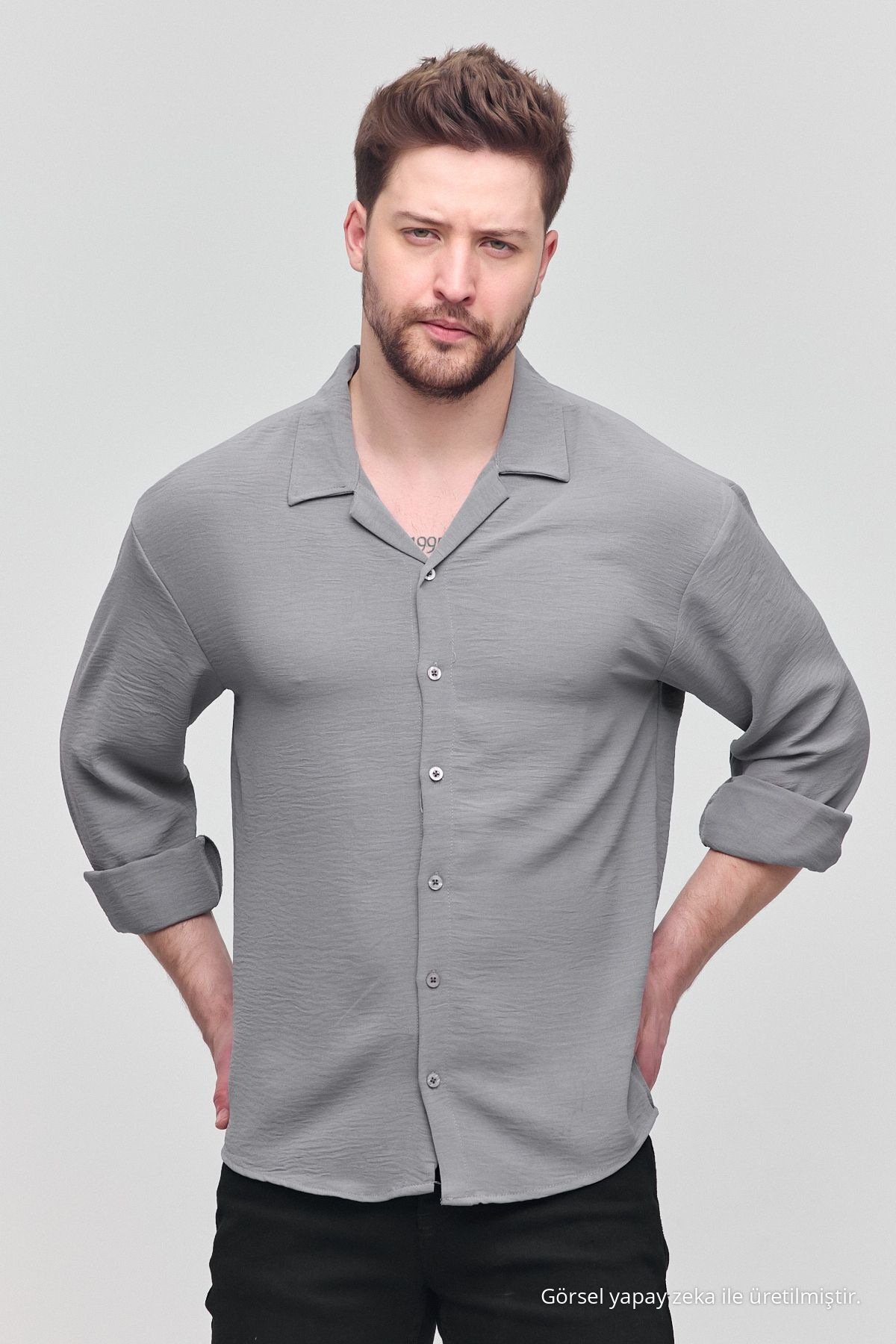Erkek Oversize Gömlek Yaka Uzun Kollu Keten Görünümlü Yazlık Gömlek GRİ 7