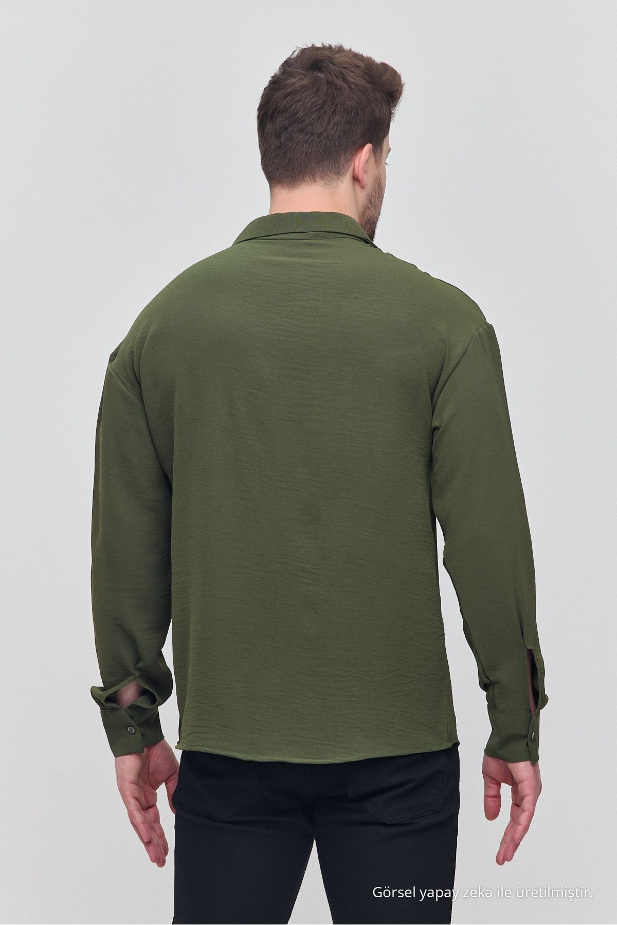 Erkek Oversize Gömlek Yaka Uzun Kollu Keten Görünümlü Yazlık Gömlek HAKİ 7