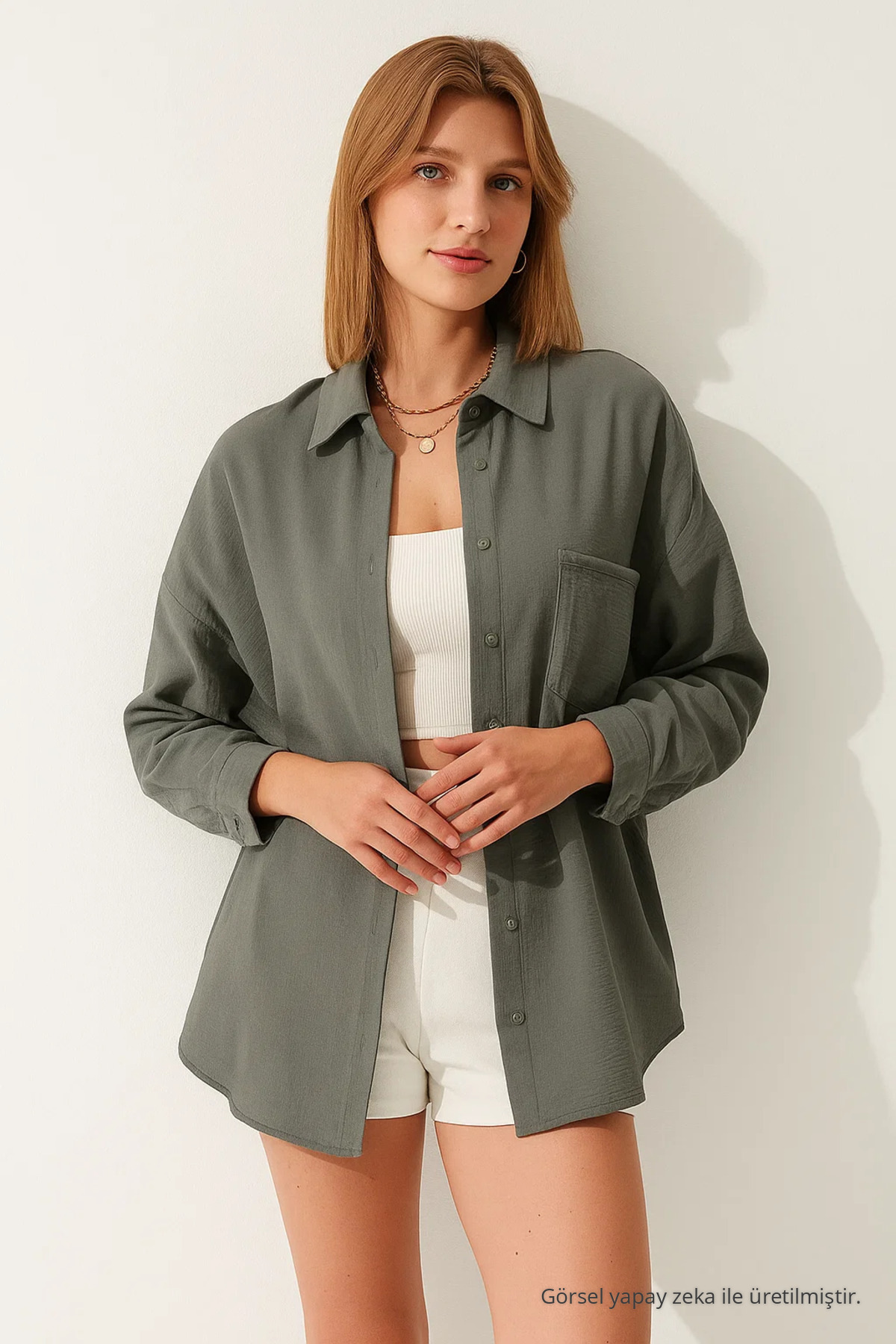 Kadın GRİ Oversize Keten Gömlek 5