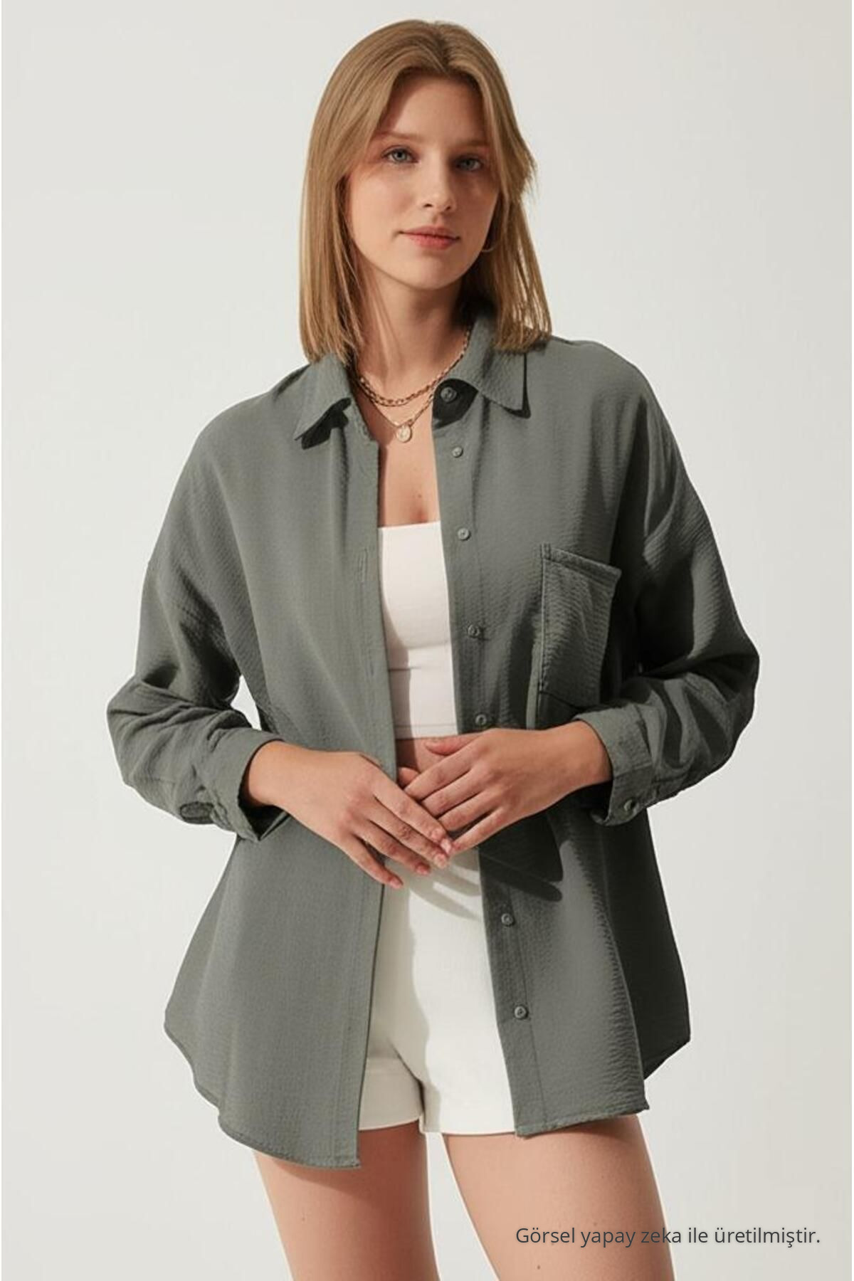 Kadın GRİ Oversize Keten Gömlek 3