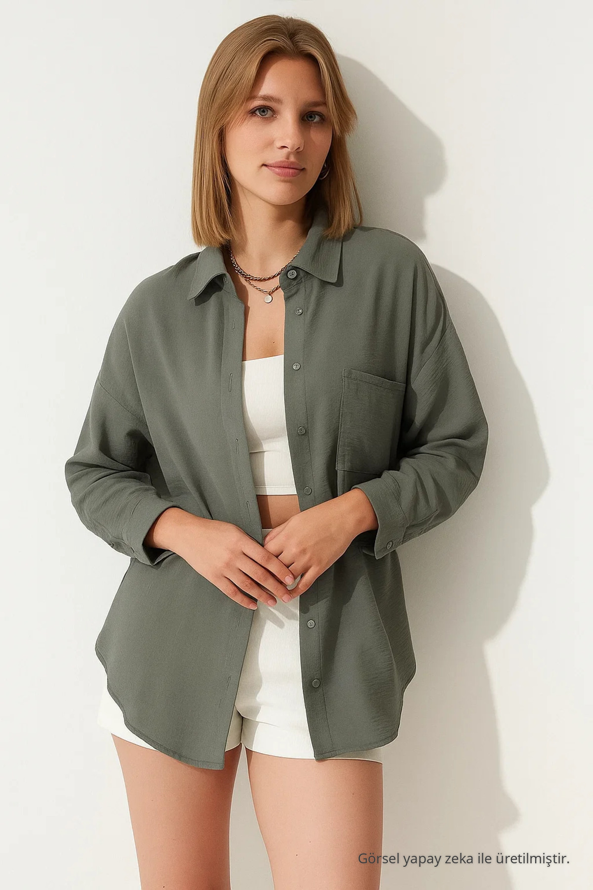 Kadın GRİ Oversize Keten Gömlek 4