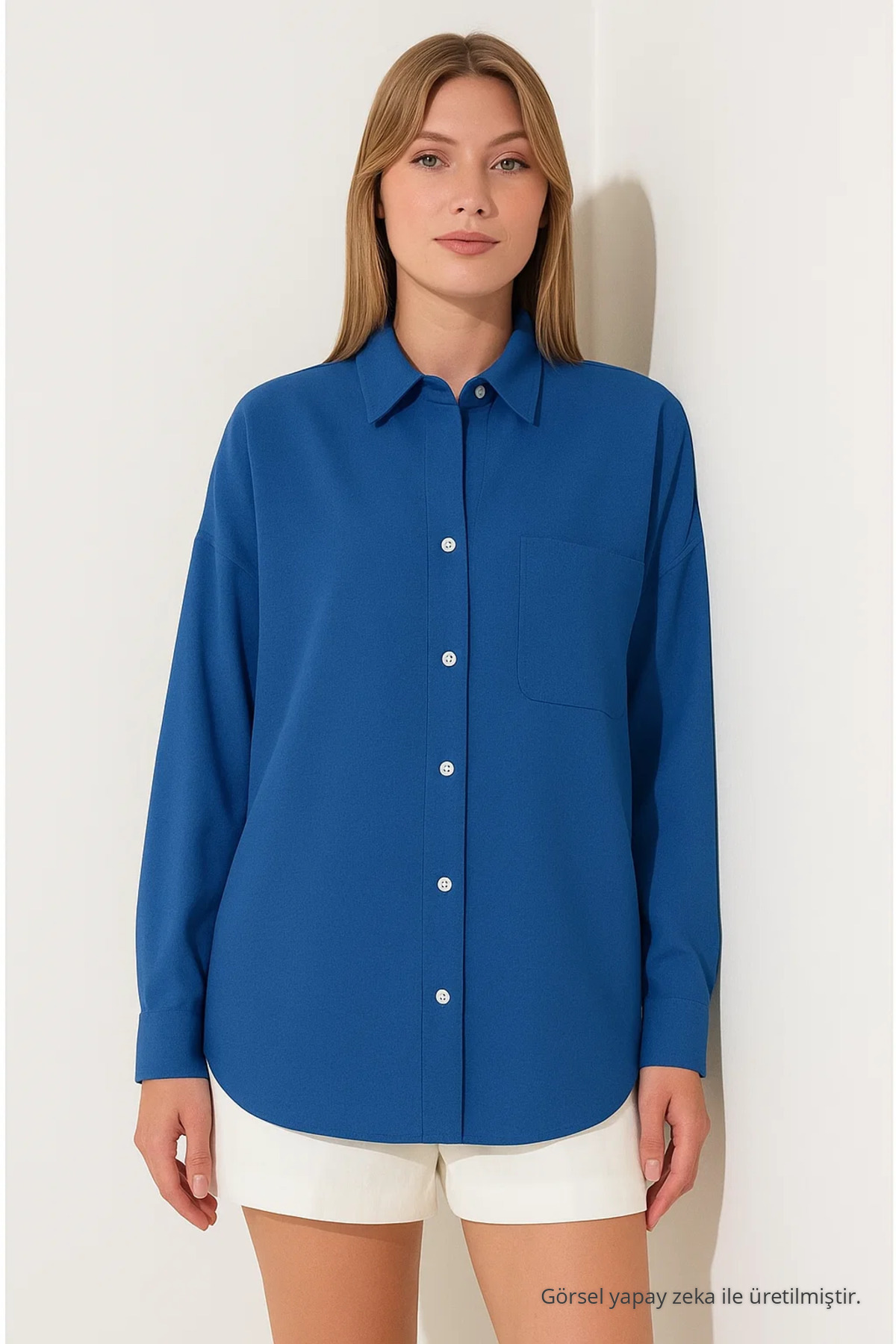 Kadın Saks Mavi Oversize Keten Gömlek 4