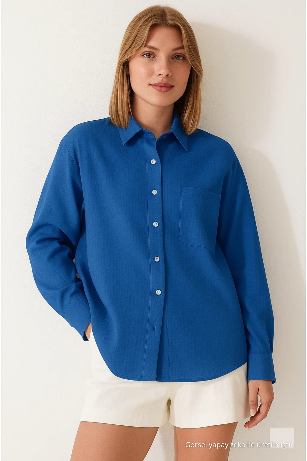 Kadın Saks Mavi Oversize Keten Gömlek 5