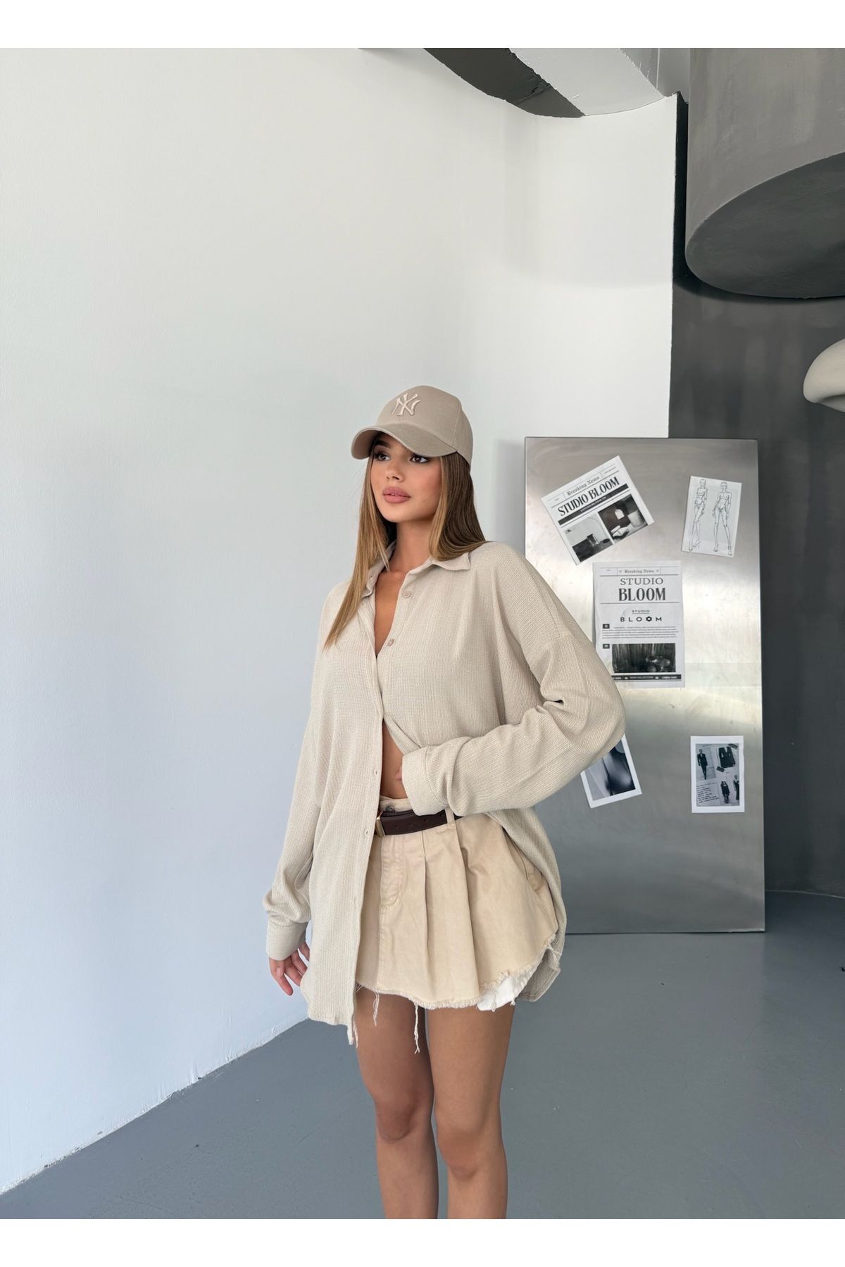 Kadın Oversize Ayrobin Bej Bol Keten Gömlek 8