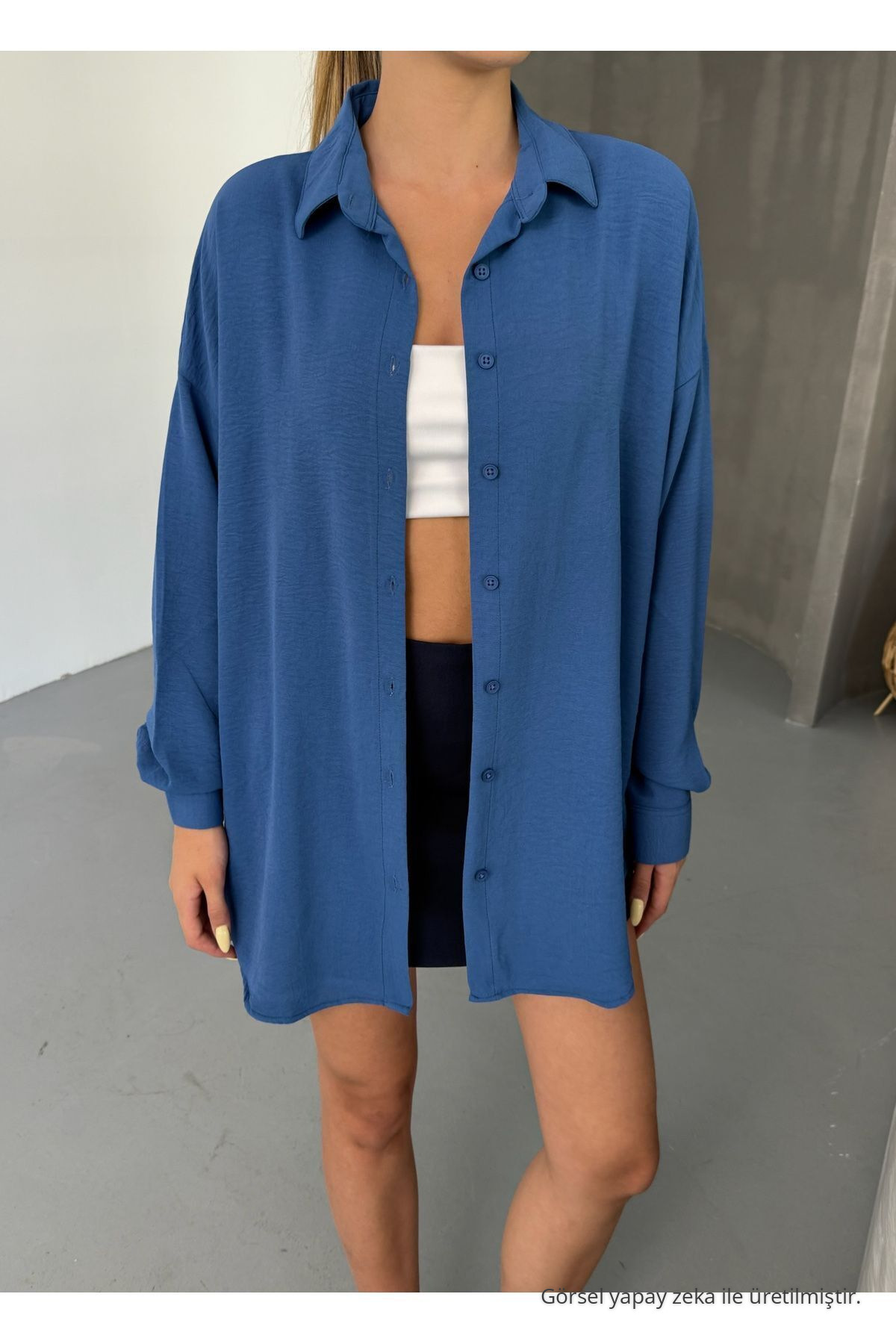 Kadın İNDİGO Oversize Keten Ayrobin Gömlek 3