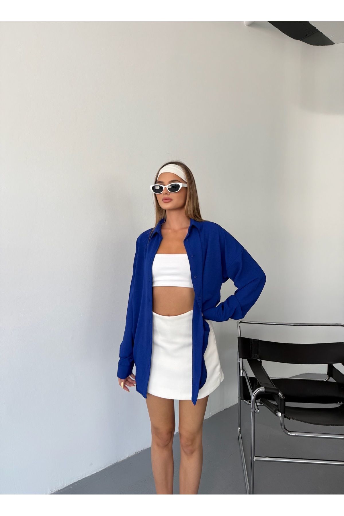 Kadın Saks Mavisi Oversize Keten Ayrobin Gömlek SAKS MAVİ 3