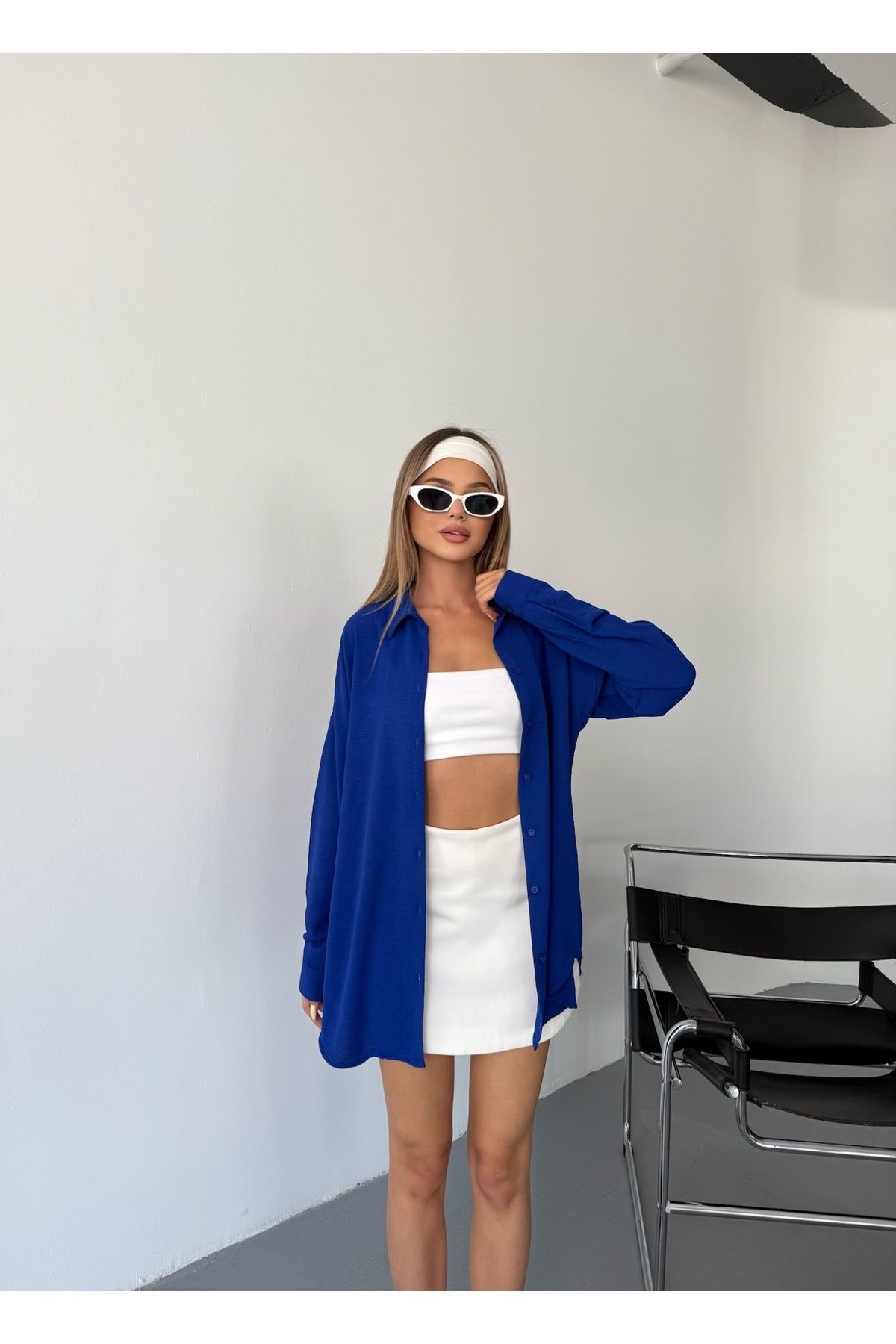 Kadın Saks Mavisi Oversize Keten Ayrobin Gömlek SAKS MAVİ 6
