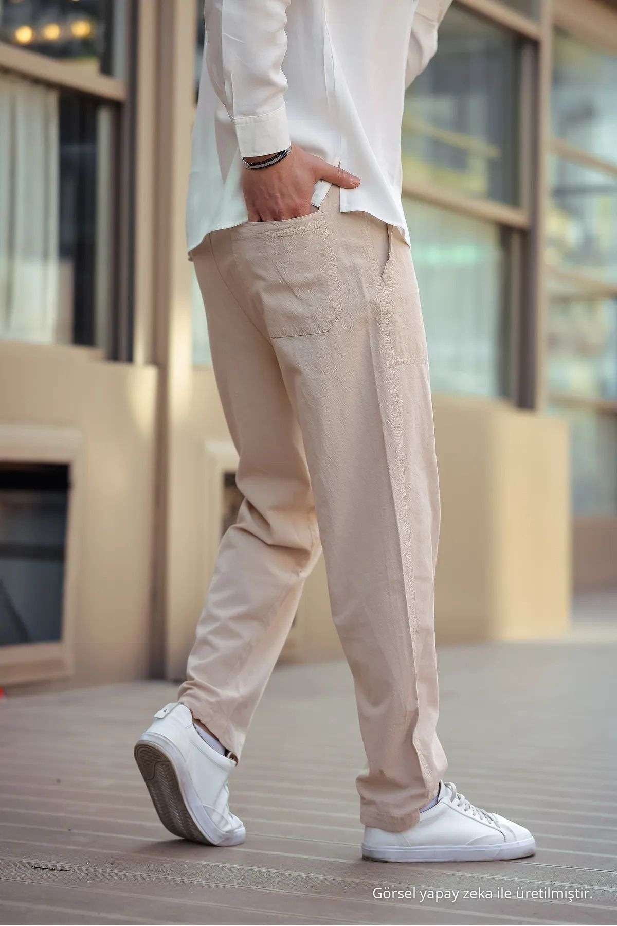 Bej Renk Erkek Yazlık Keten Karışımı Relaxed Pantolon Bej 5