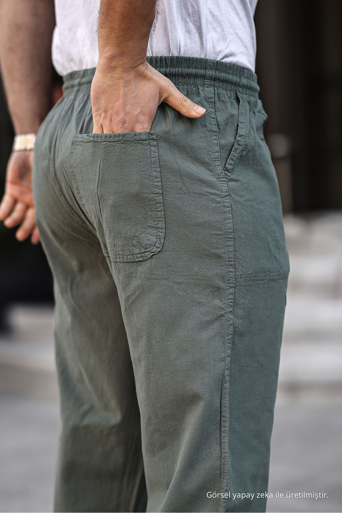 Bej Renk Erkek Yazlık Keten Karışımı Relaxed Pantolon Bej 6