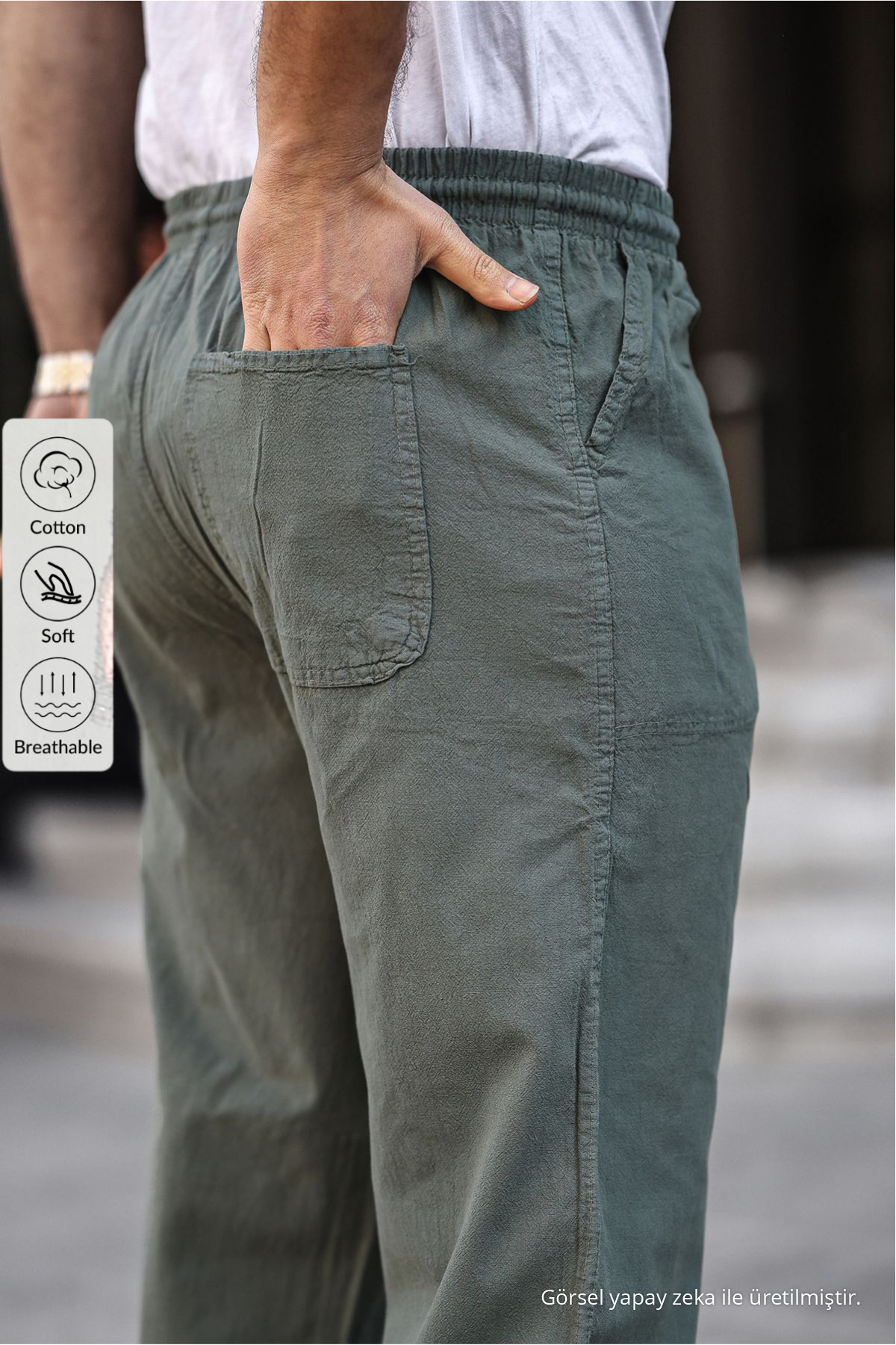 Beyaz Renk Erkek Yazlık Keten Karışımı Relaxed Pantolon - Beyaz 5