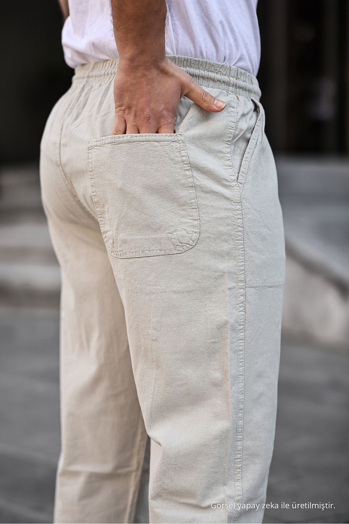 Gri Renk Erkek Yazlık Keten Karışımı Relaxed Pantolon - GRİ 3