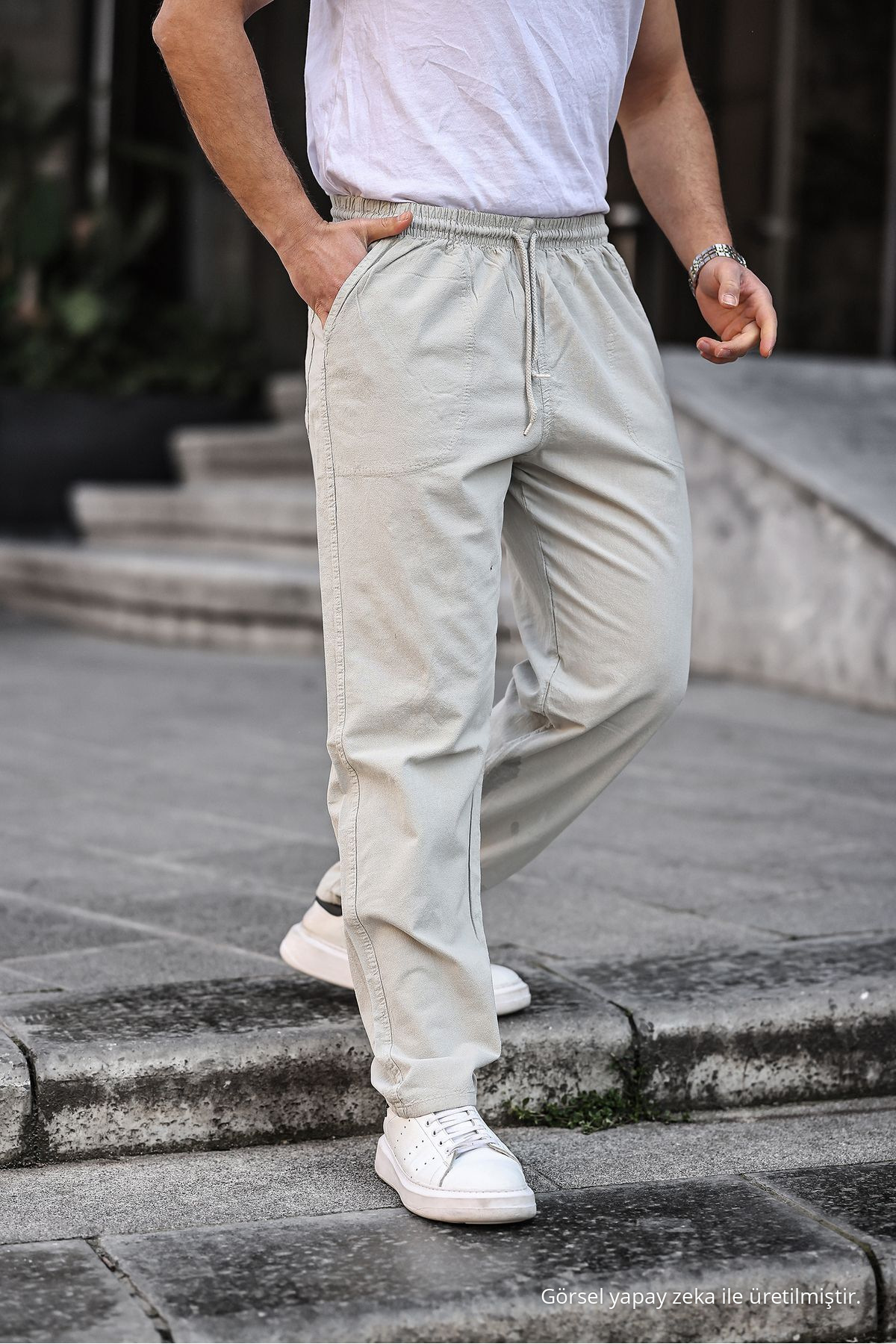 Gri Renk Erkek Yazlık Keten Karışımı Relaxed Pantolon - GRİ 6