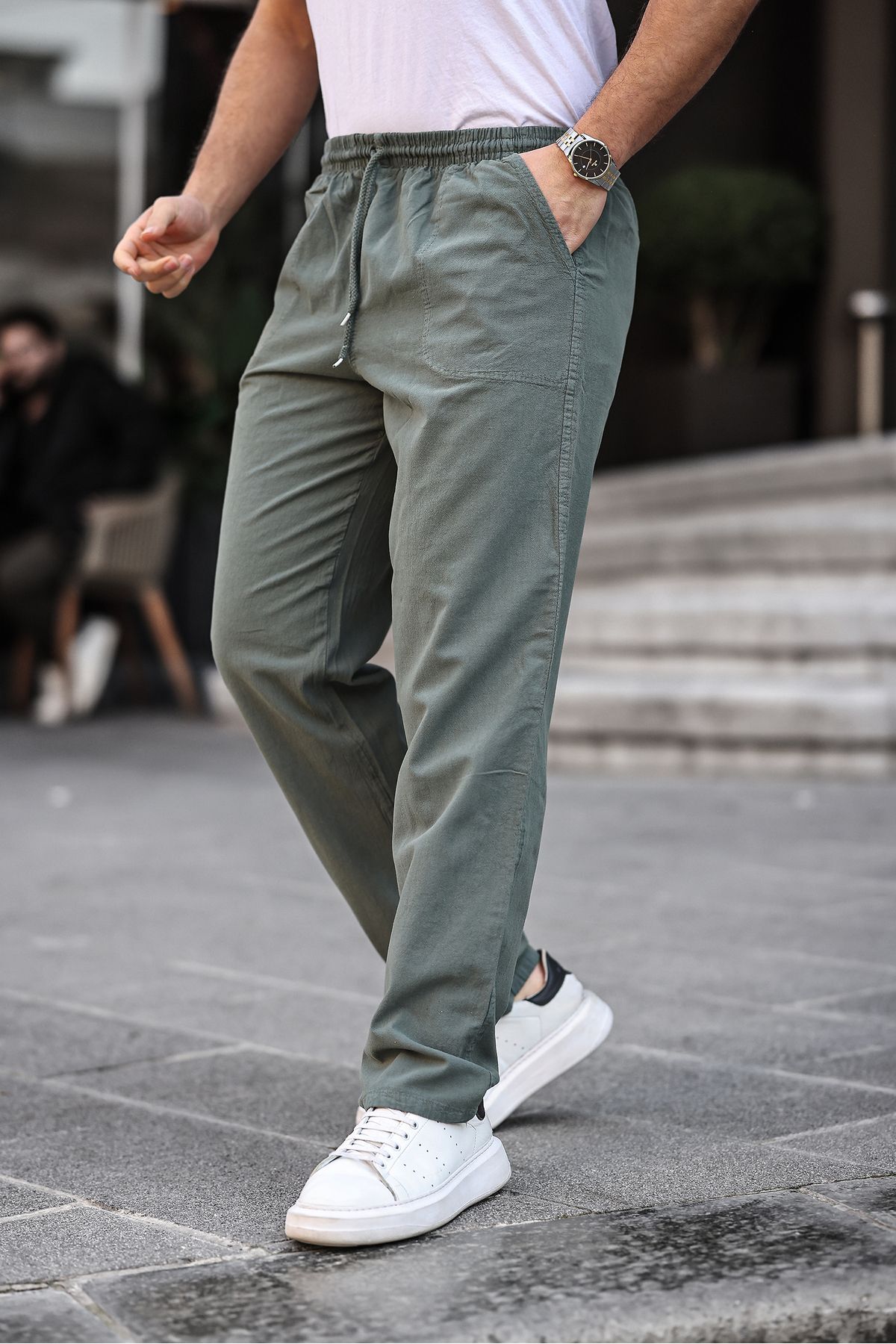 HAKİ Renk Erkek Yazlık Keten Karışımı Relaxed Pantolon 4