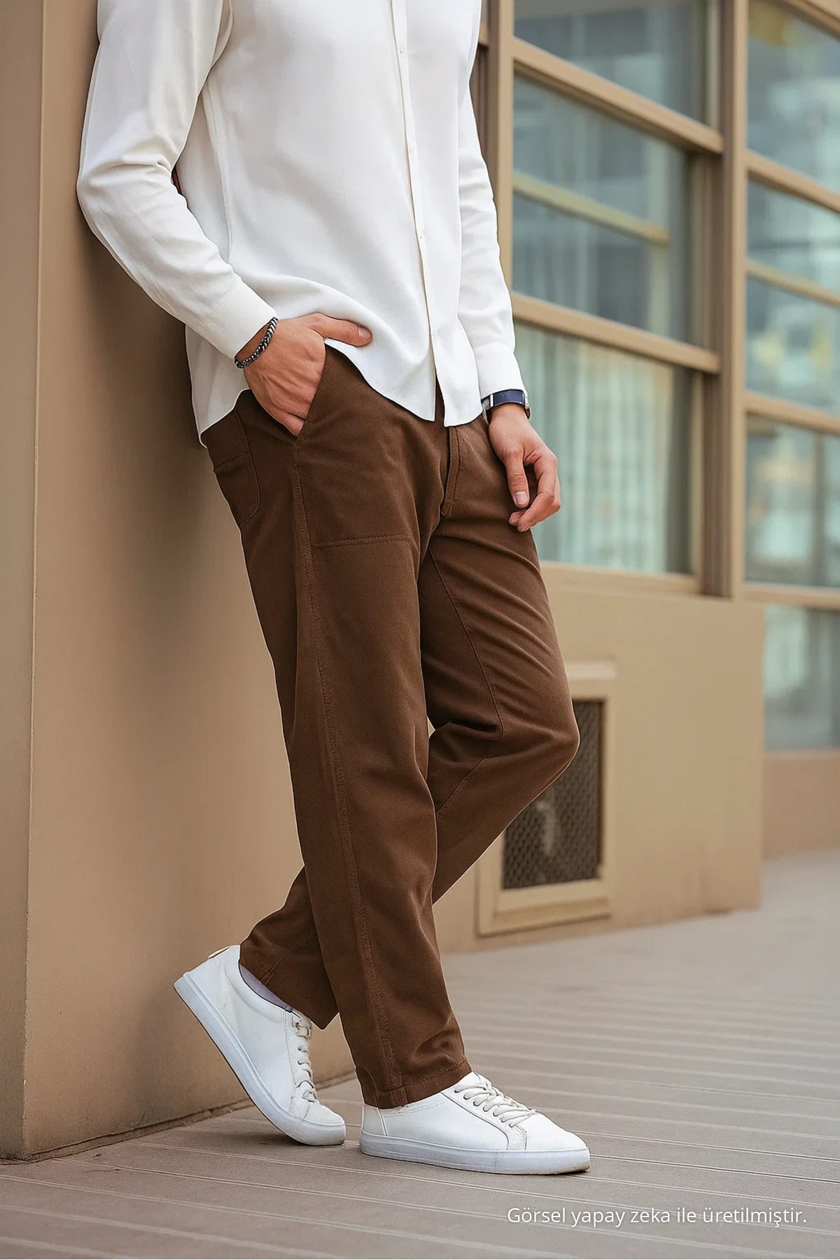 Kahverengi Renk Erkek Yazlık Keten Karışımı Relaxed Pantolon - Kahverengi 3