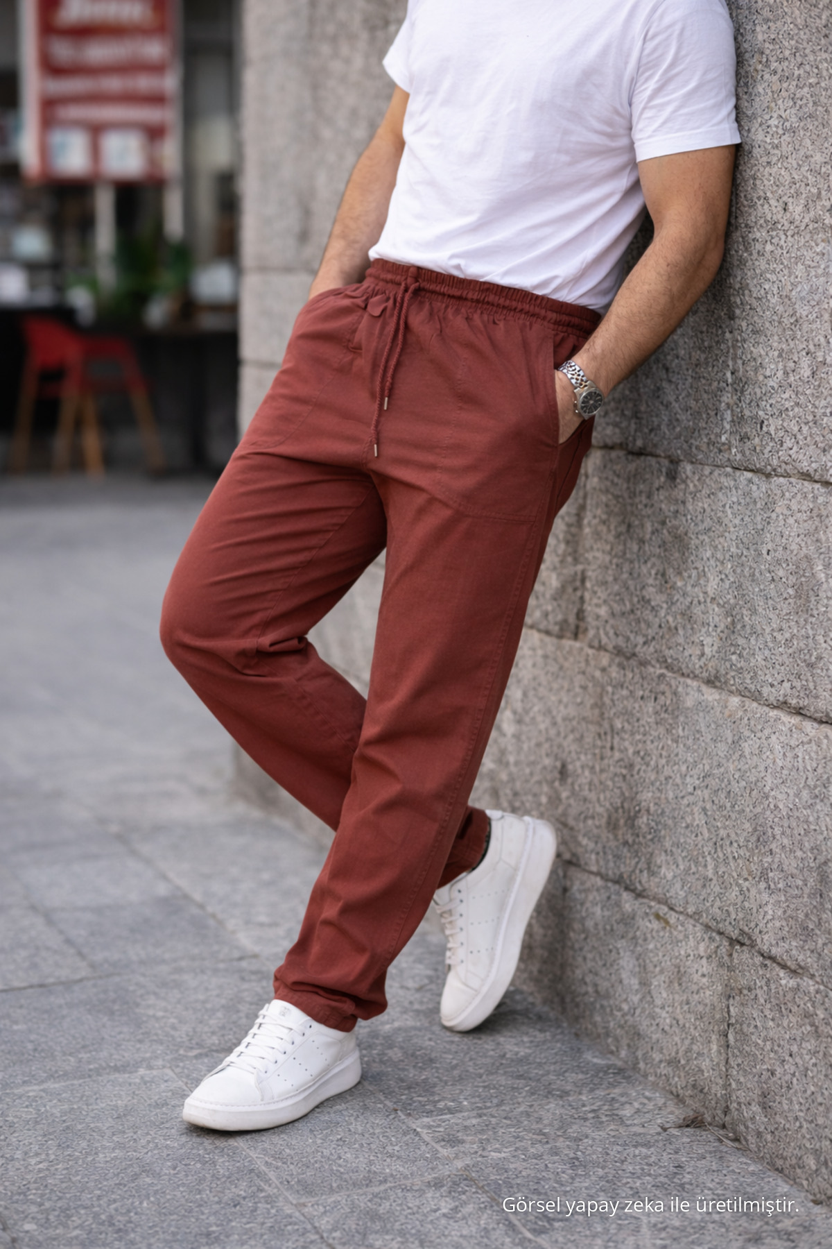Kiremit Renk Erkek Yazlık Keten Karışımı Relaxed Pantolon 3