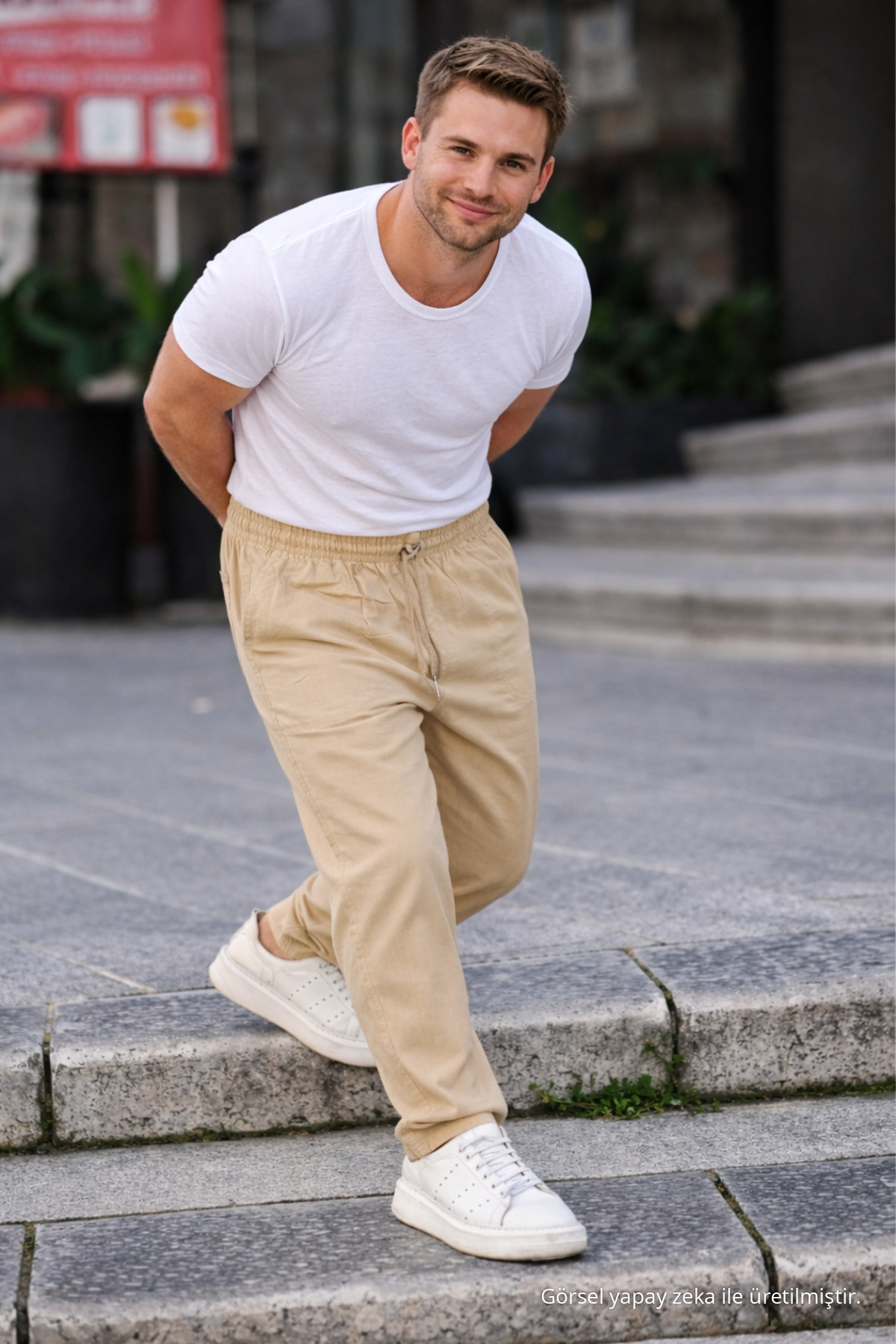 Krem Renk Erkek Yazlık Keten Karışımı Relaxed Pantolon 6