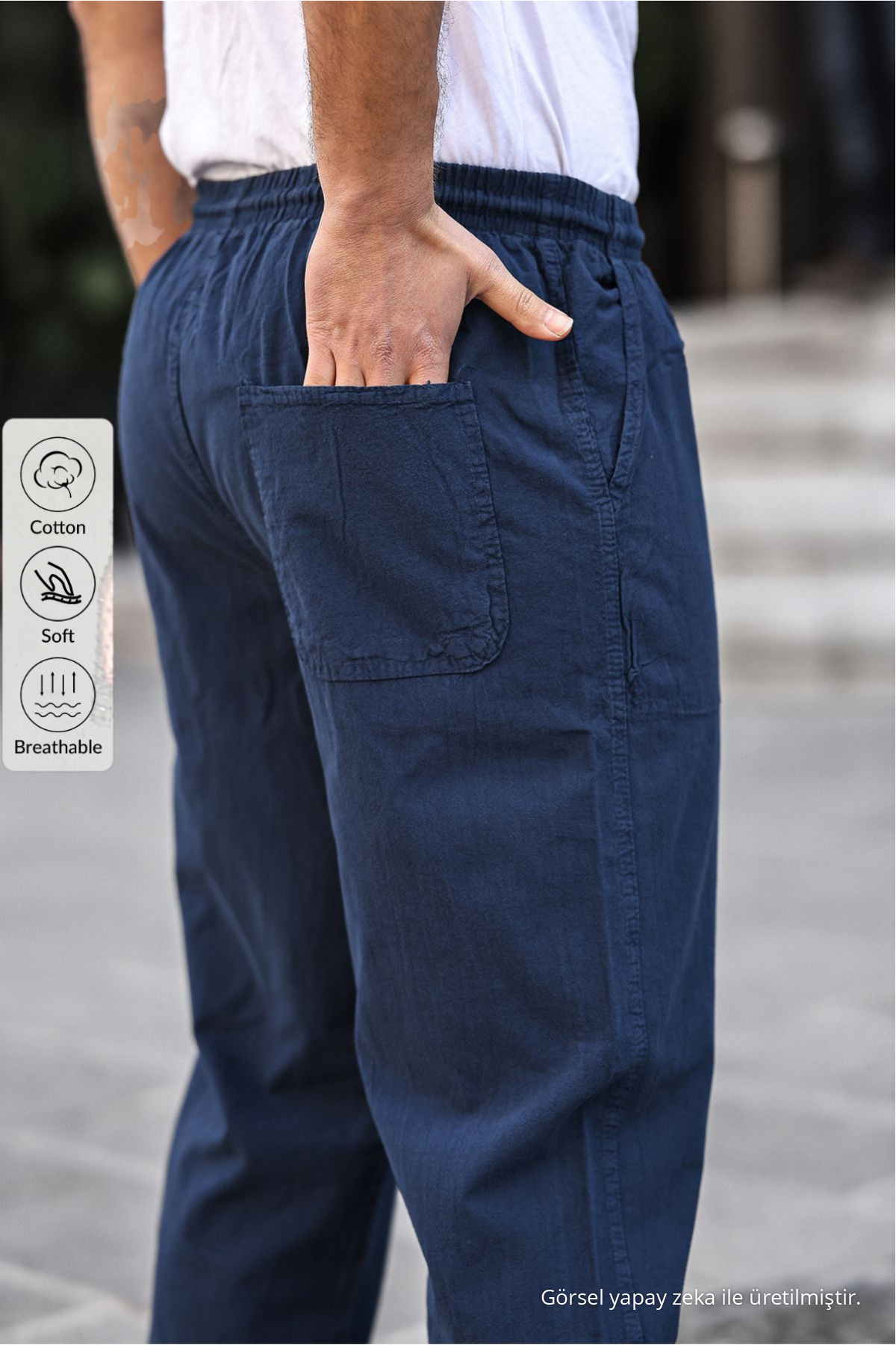 Lacivert Renk Erkek Yazlık Keten Karışımı Relaxed Pantolon - LACİVERT 3