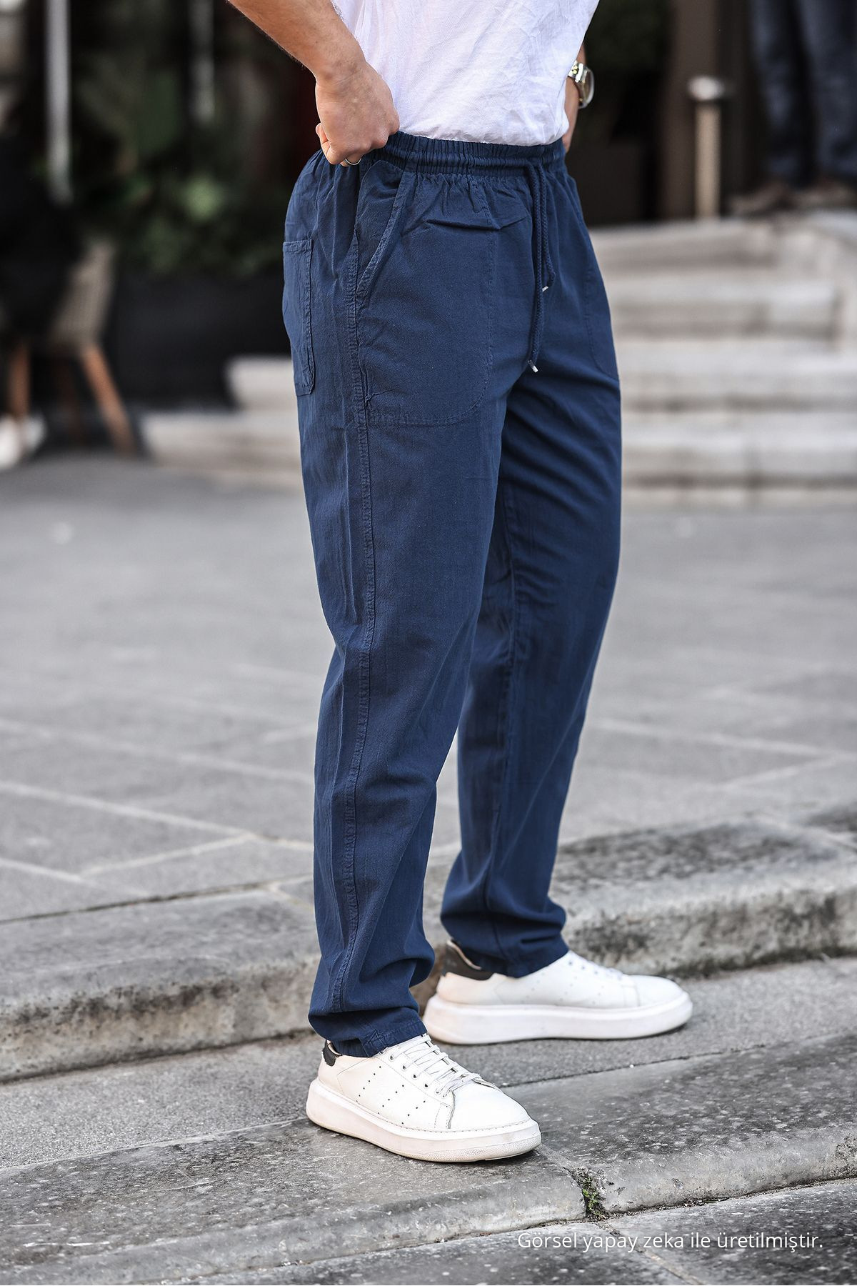 Lacivert Renk Erkek Yazlık Keten Karışımı Relaxed Pantolon - LACİVERT 5