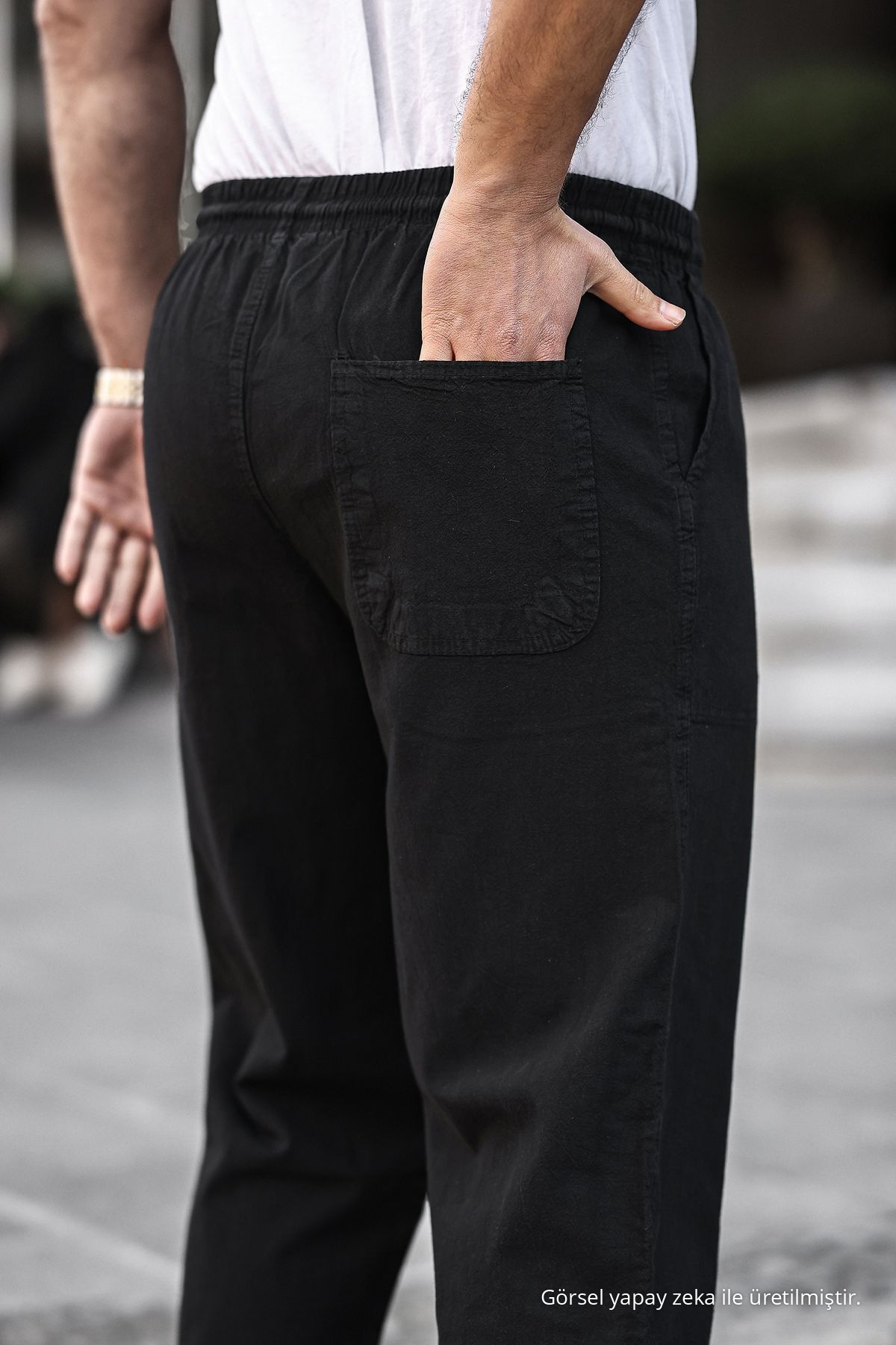 SİYAH Renk Erkek Yazlık Keten Karışımı Relaxed Pantolon 6