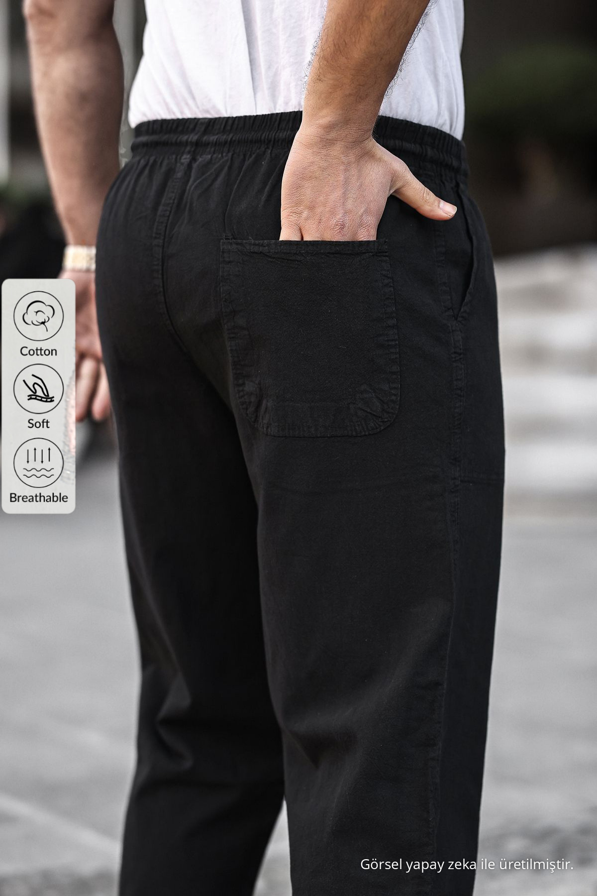 SİYAH Renk Erkek Yazlık Keten Karışımı Relaxed Pantolon 3