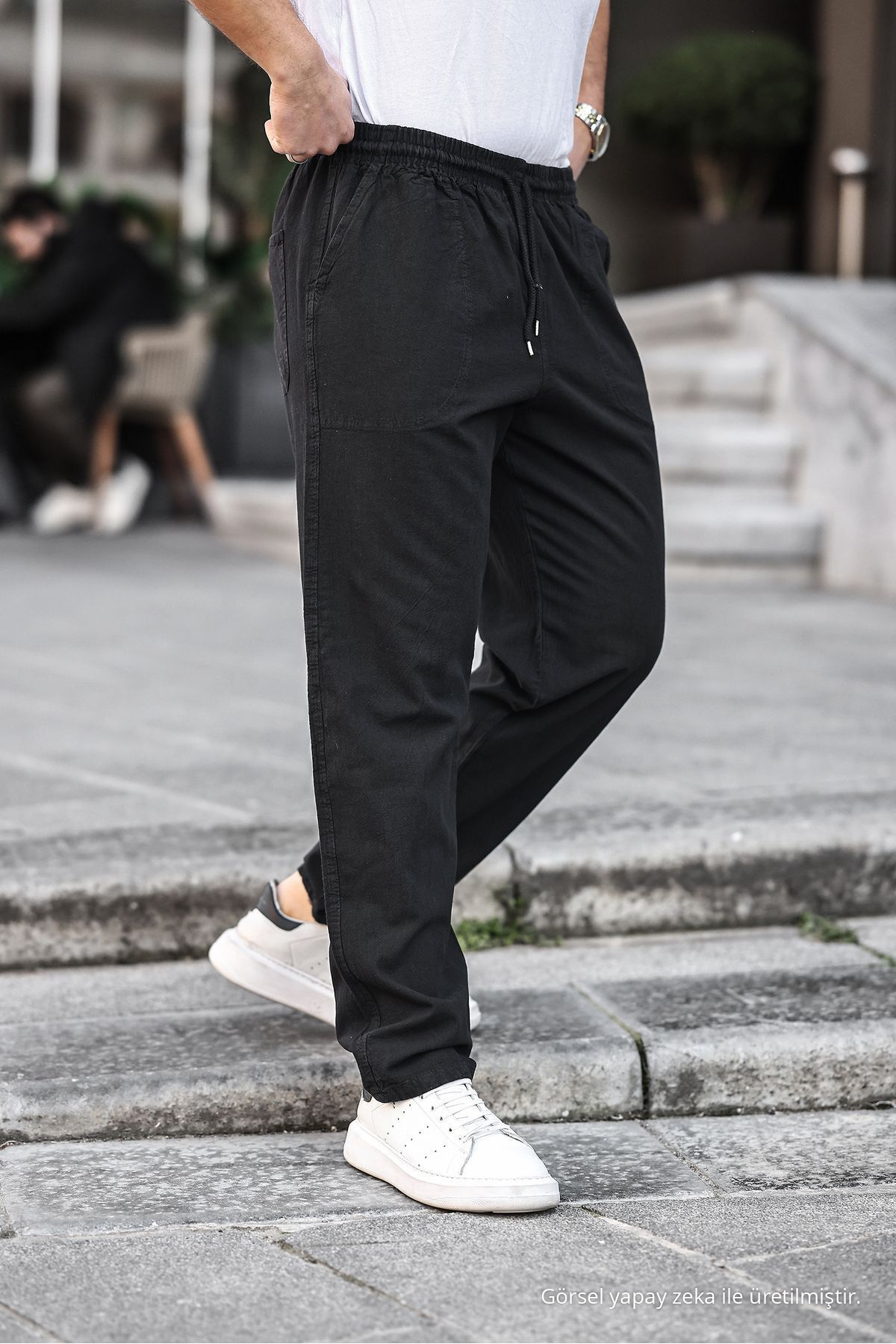 SİYAH Renk Erkek Yazlık Keten Karışımı Relaxed Pantolon 5