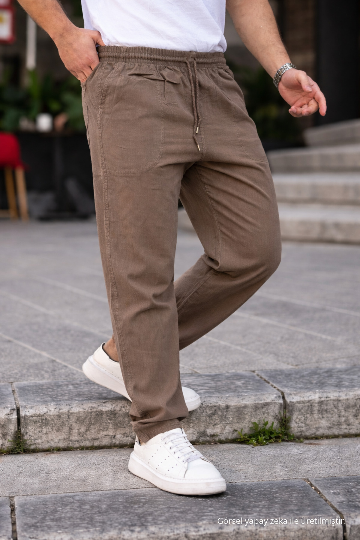 Vizon Renk Erkek Yazlık Keten Karışımı Relaxed Pantolon 5