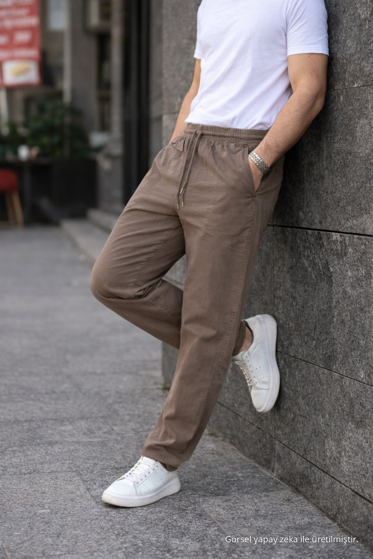 Vizon Renk Erkek Yazlık Keten Karışımı Relaxed Pantolon 3