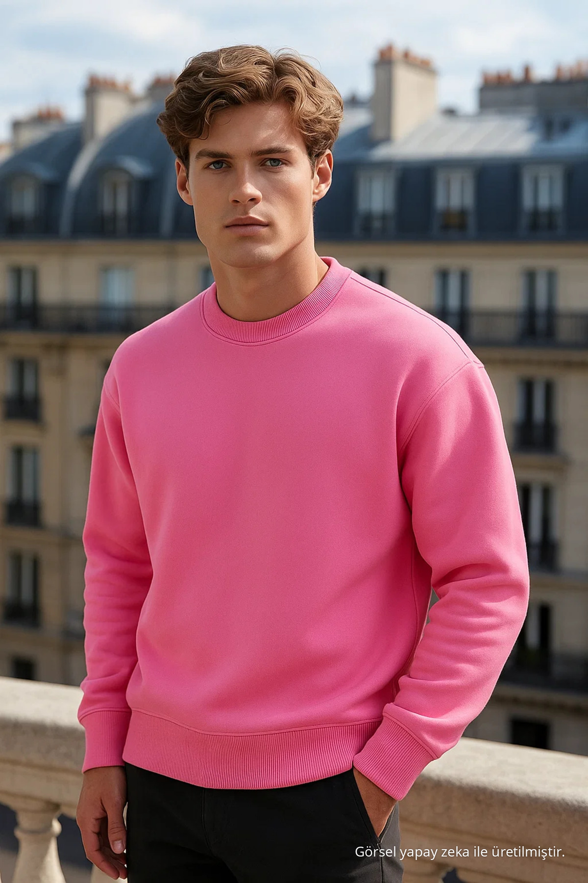 Erkek Bisiklet Yaka Oversize Pembe Kazak 4