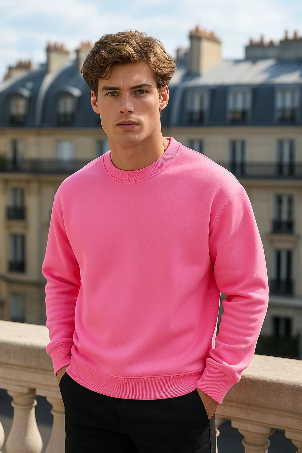 Erkek Bisiklet Yaka Oversize Pembe Kazak