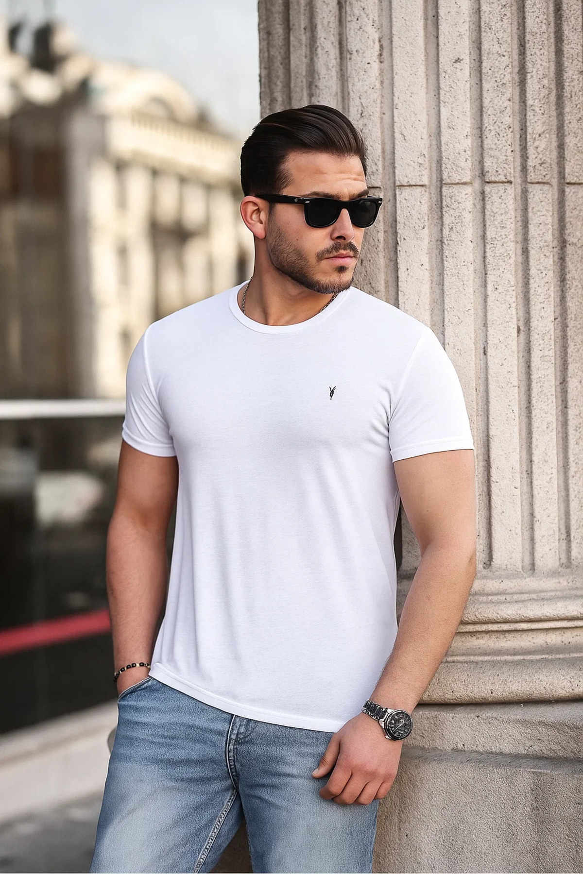 Erkek %100 Pamuk Nefes Alan Bisiklet Yaka Standart Fit Normal Kesim T-shirt BEYAZ 4