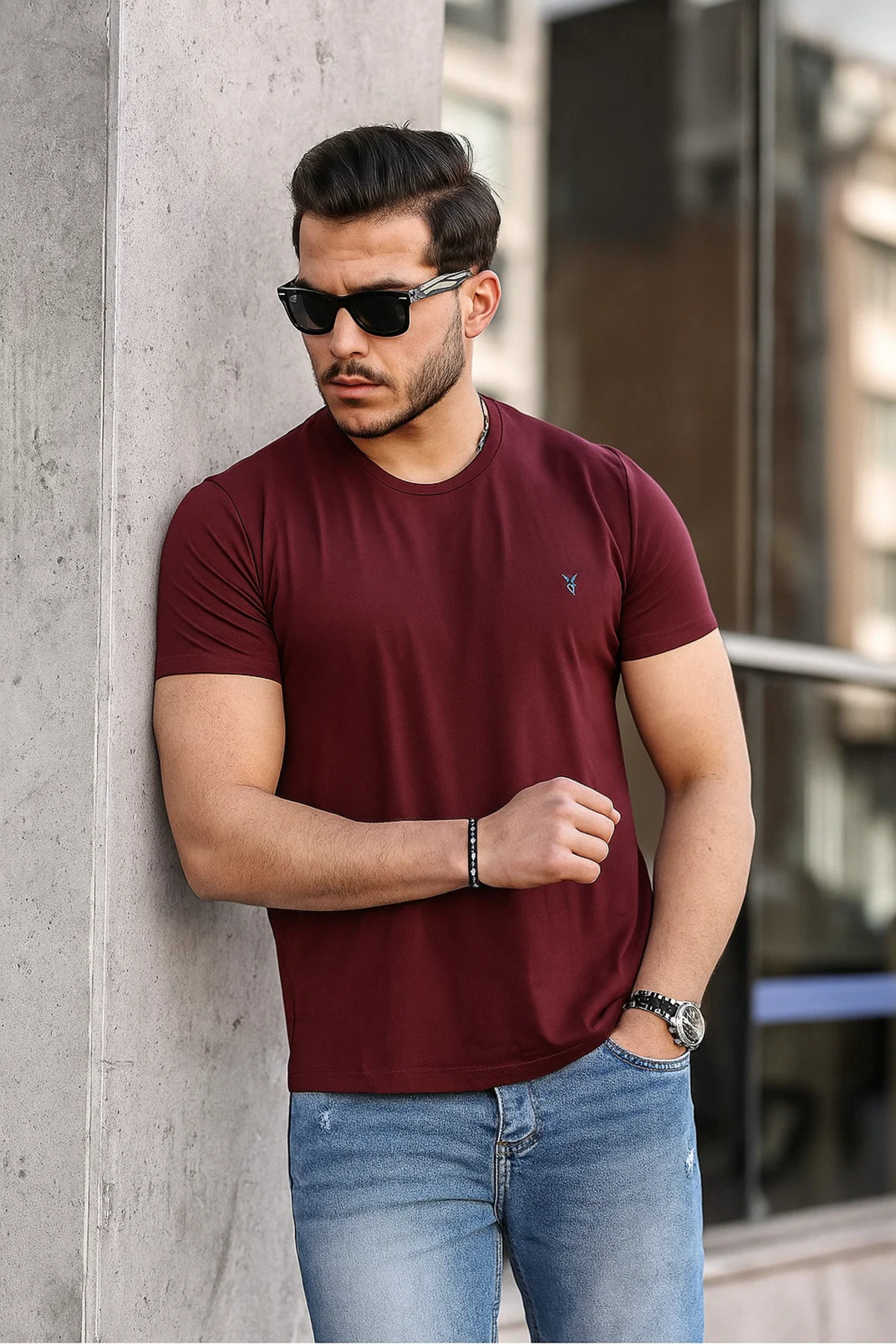 Erkek %100 Pamuk Nefes Alan Bisiklet Yaka Standart Fit Normal Kesim T-shirt BORDO 5