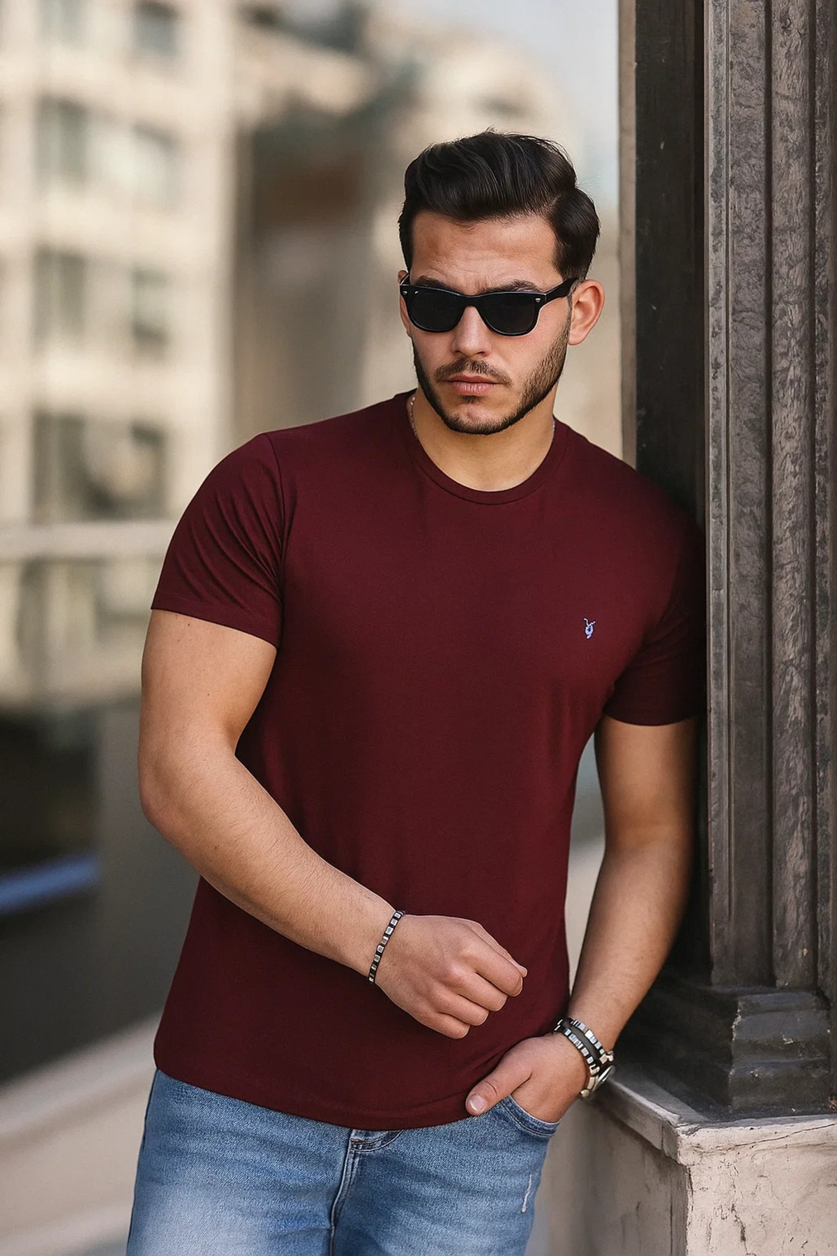 Erkek %100 Pamuk Nefes Alan Bisiklet Yaka Standart Fit Normal Kesim T-shirt BORDO 4