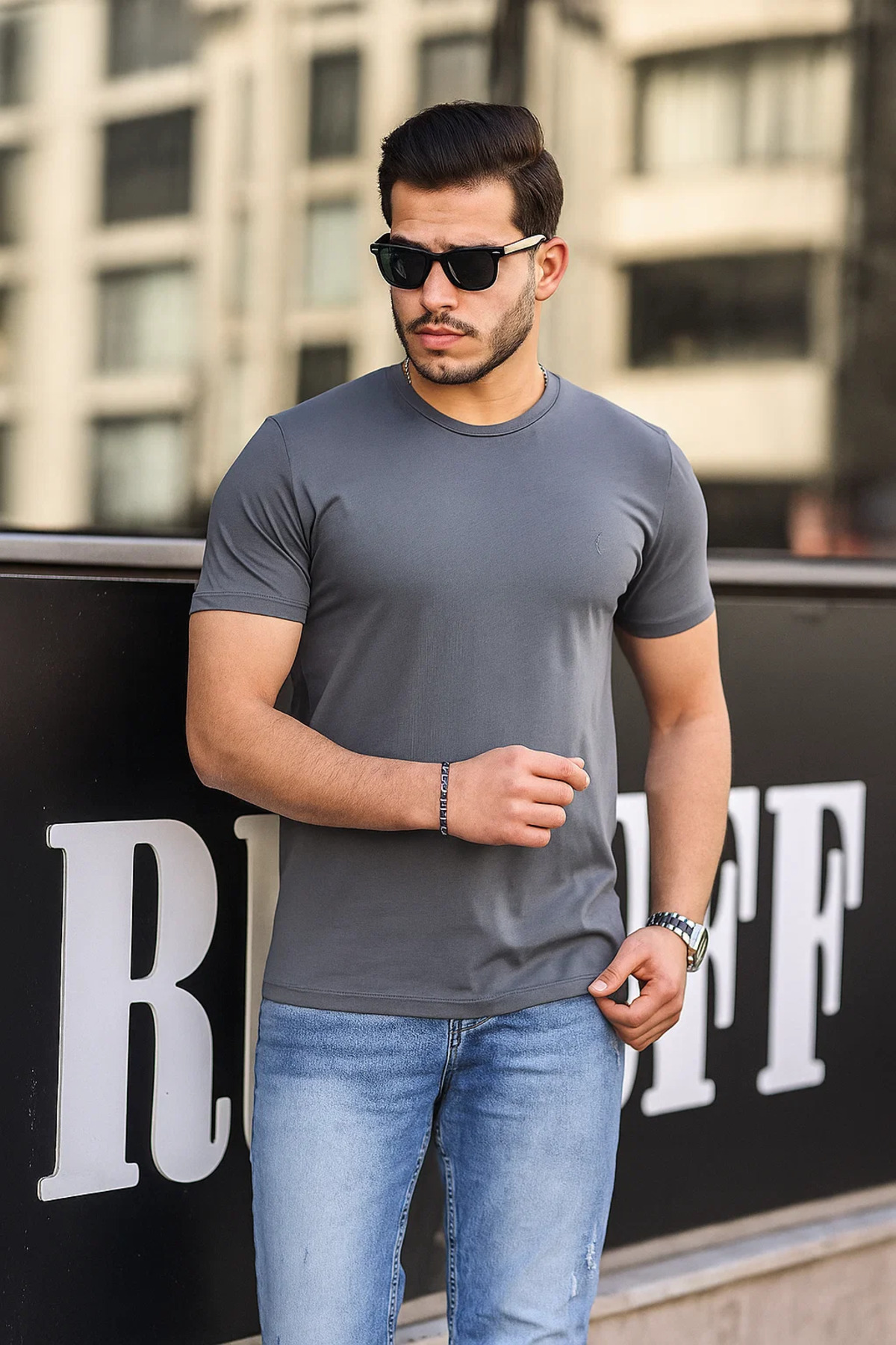 Erkek %100 Pamuk Nefes Alan Bisiklet Yaka Standart Fit Normal Kesim T-shirt FÜME 5