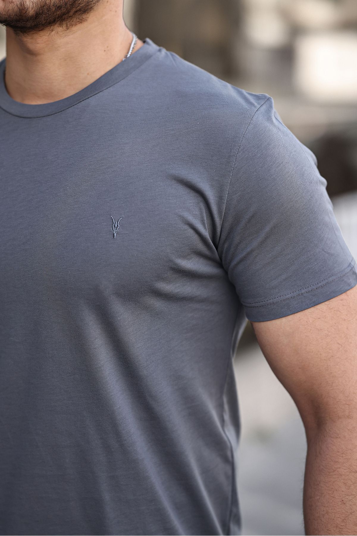 Erkek %100 Pamuk Nefes Alan Bisiklet Yaka Standart Fit Normal Kesim T-shirt FÜME 3