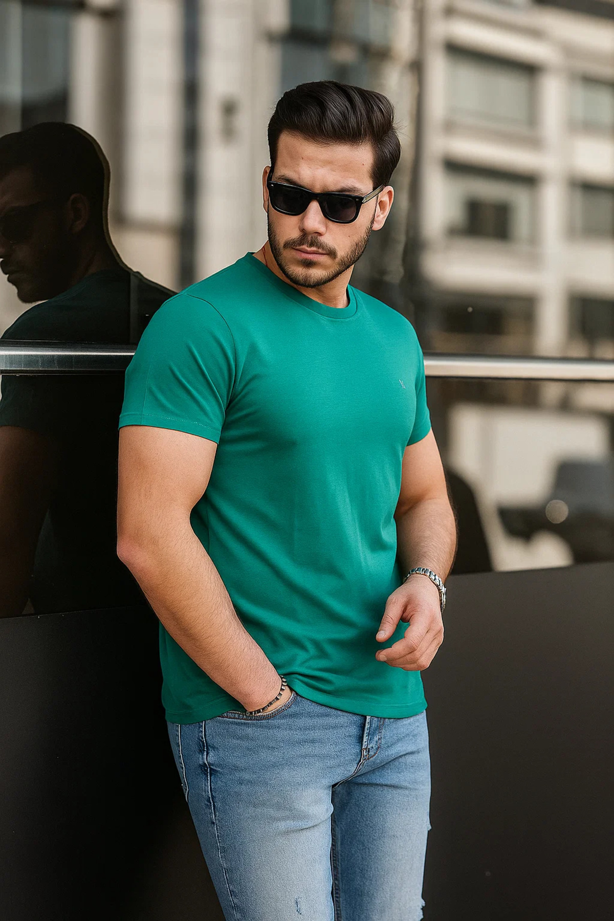 Erkek %100 Pamuk Nefes Alan Bisiklet Yaka Standart Fit Normal Kesim T-shirt KOYU YEŞİL 4
