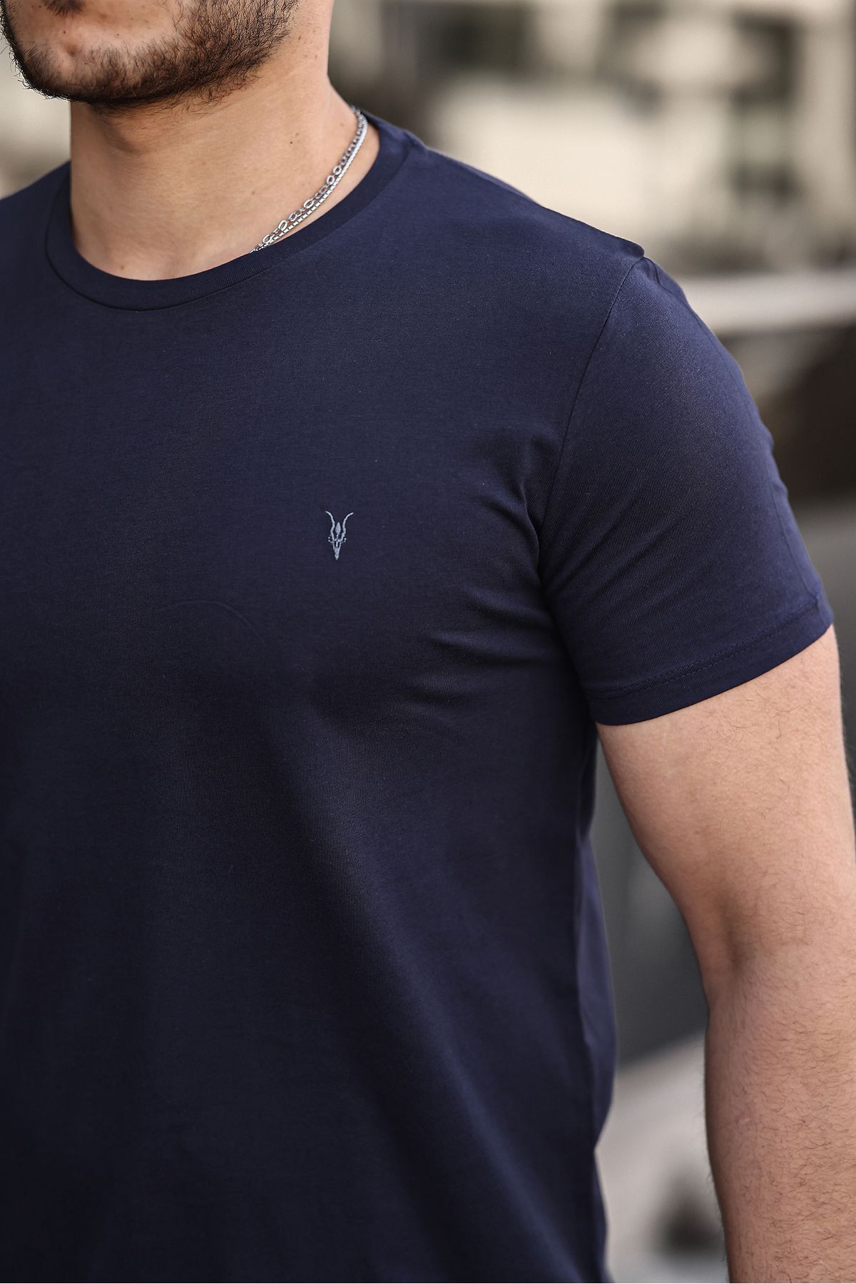 Erkek %100 Pamuk Nefes Alan Bisiklet Yaka Standart Fit Normal Kesim T-shirt LACİVERT 3