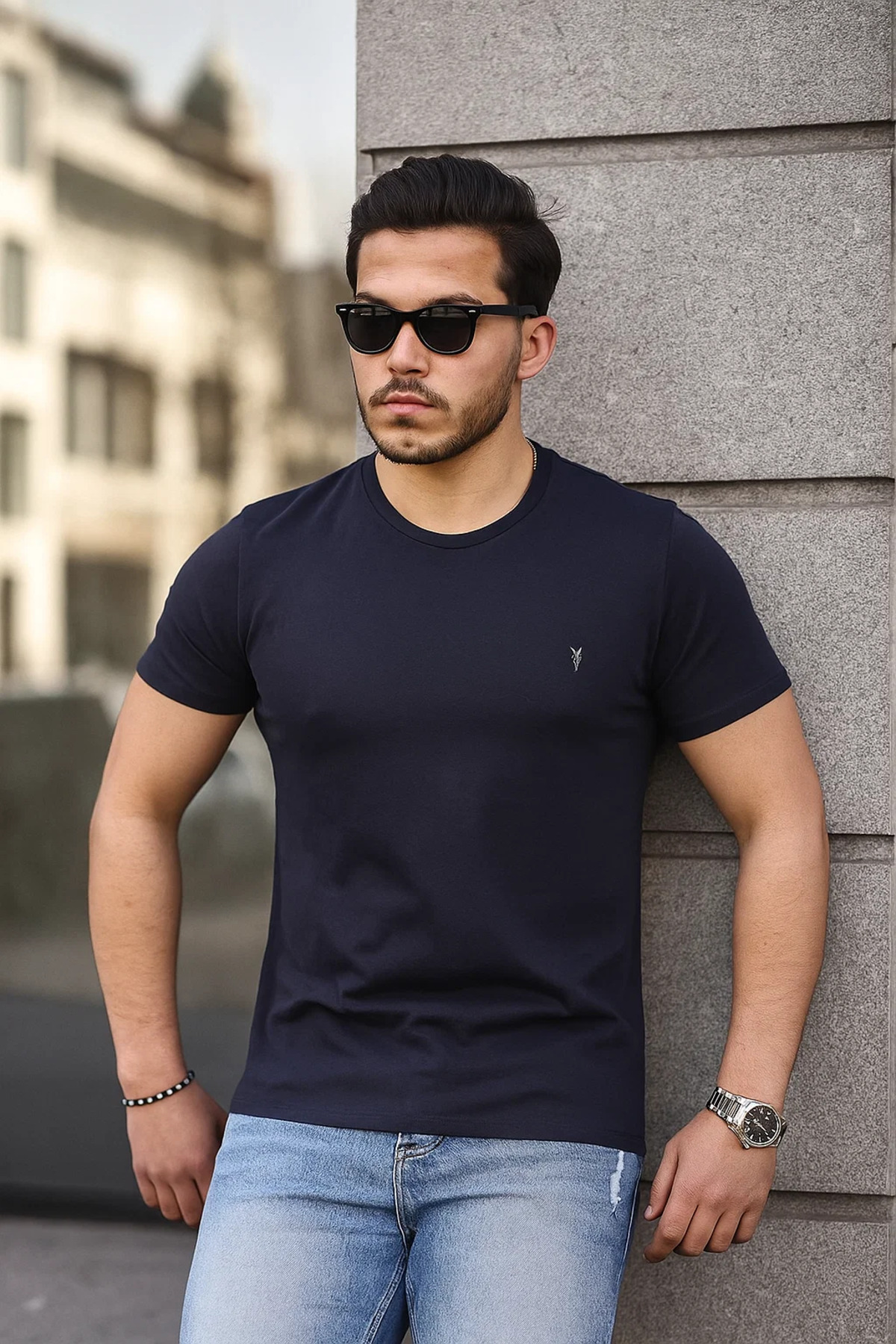 Erkek %100 Pamuk Nefes Alan Bisiklet Yaka Standart Fit Normal Kesim T-shirt LACİVERT 5