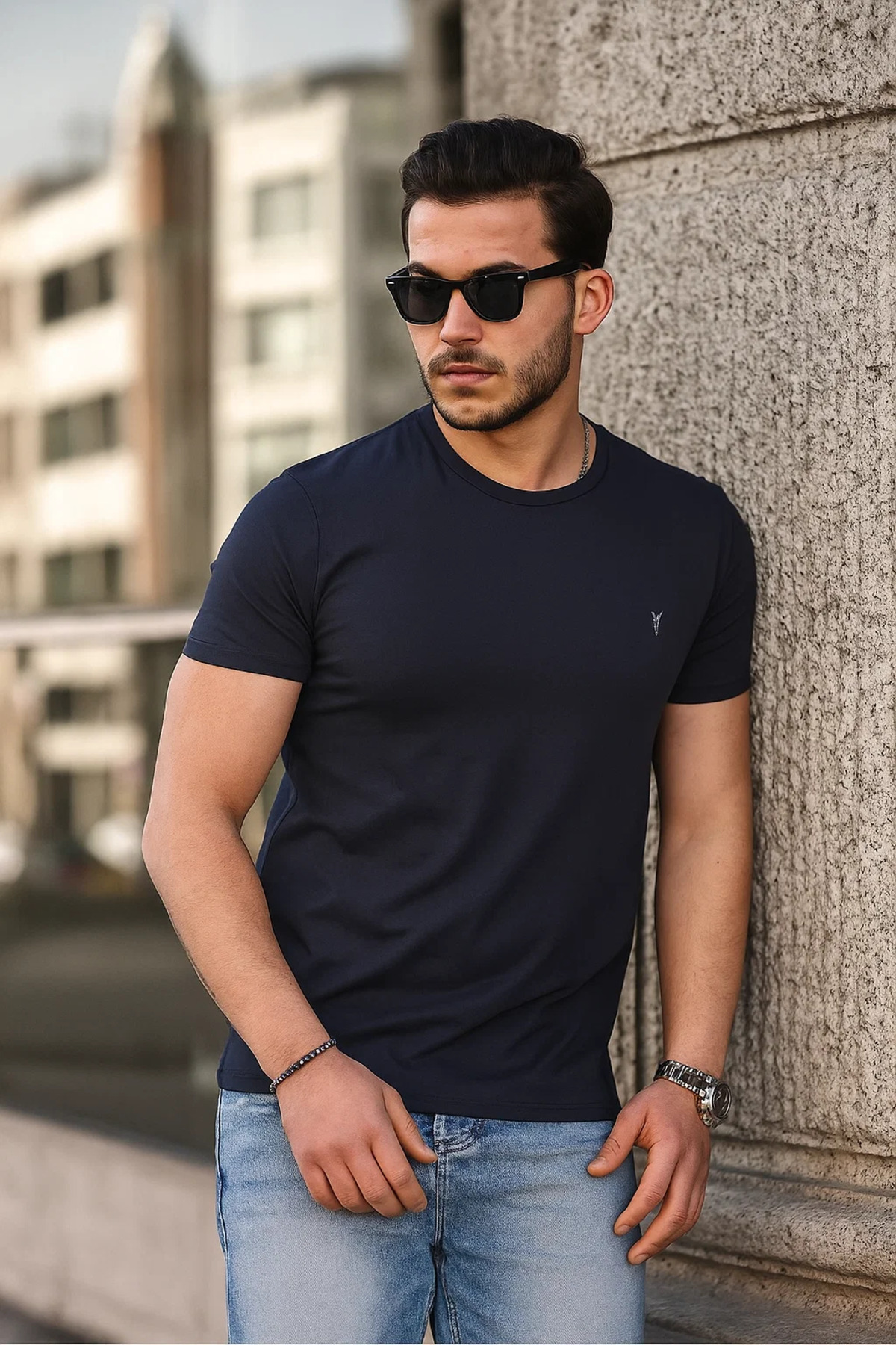 Erkek %100 Pamuk Nefes Alan Bisiklet Yaka Standart Fit Normal Kesim T-shirt LACİVERT 4