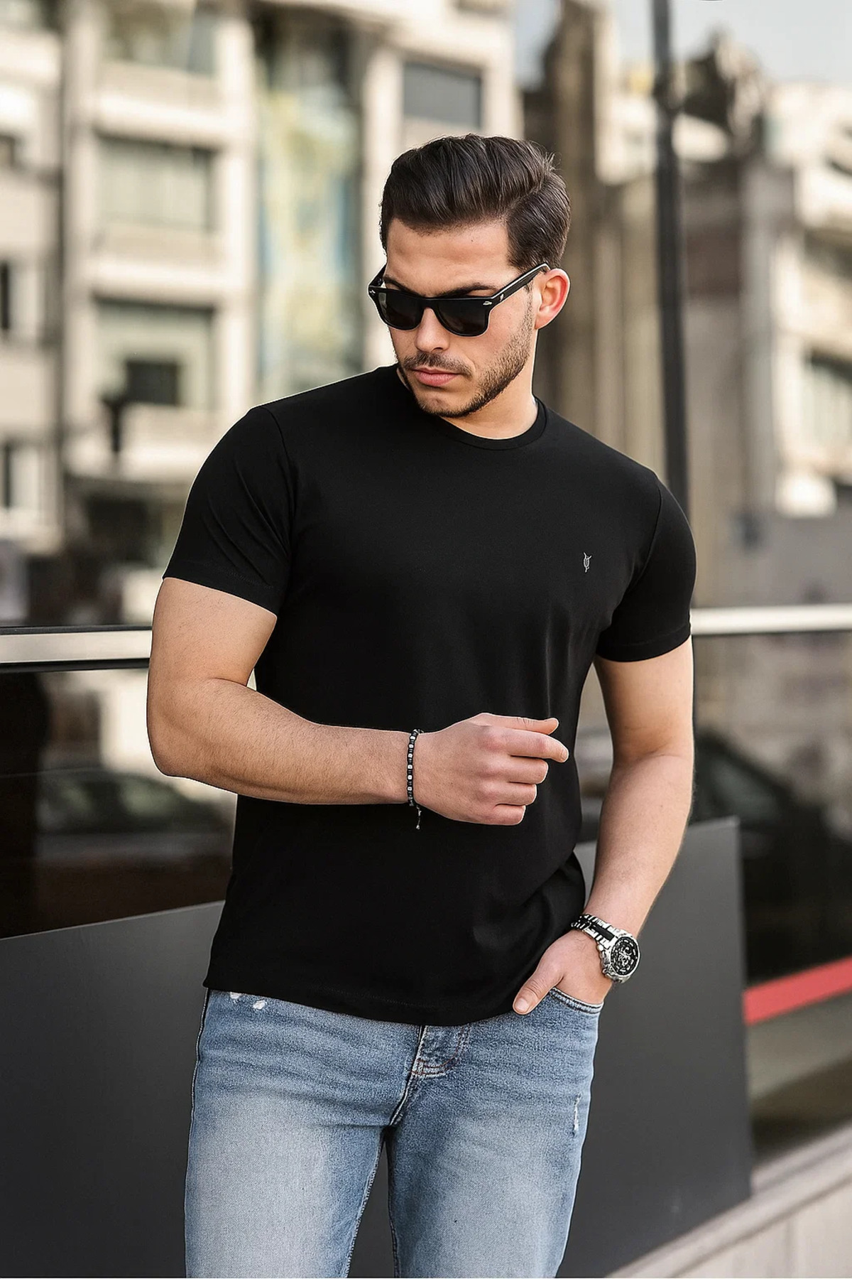 Erkek %100 Pamuk Nefes Alan Bisiklet Yaka Standart Fit Normal Kesim T-shirt SİYAH 5
