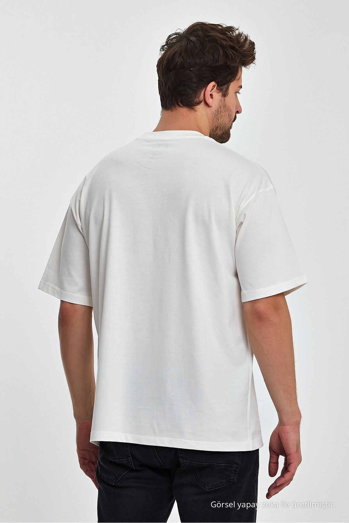 Erkek Oversize Fit Kalın Kumaş Dokulu Bisiklet Yaka T-shirt EKRU 7