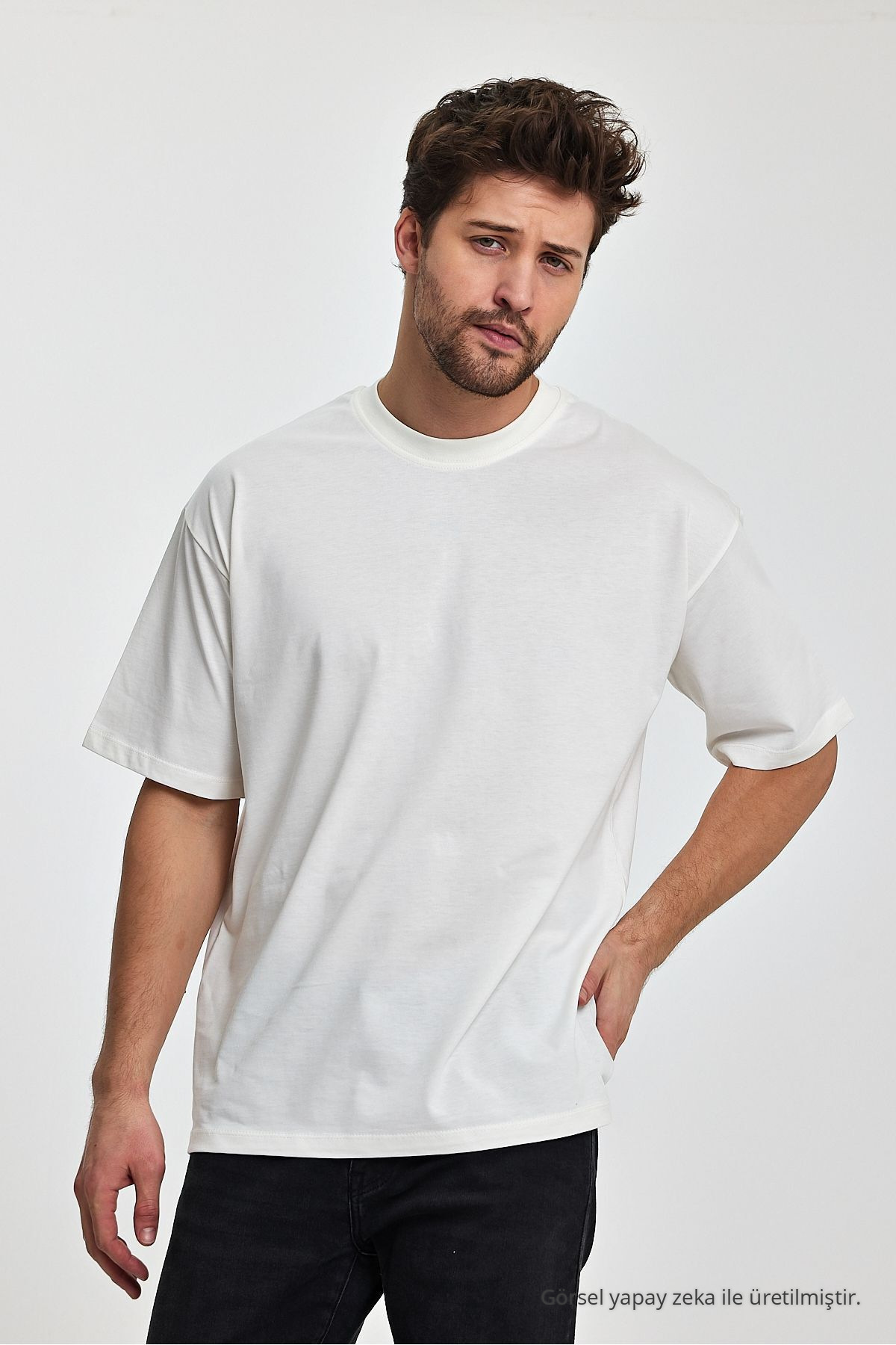 Erkek Oversize Fit Kalın Kumaş Dokulu Bisiklet Yaka T-shirt EKRU 5