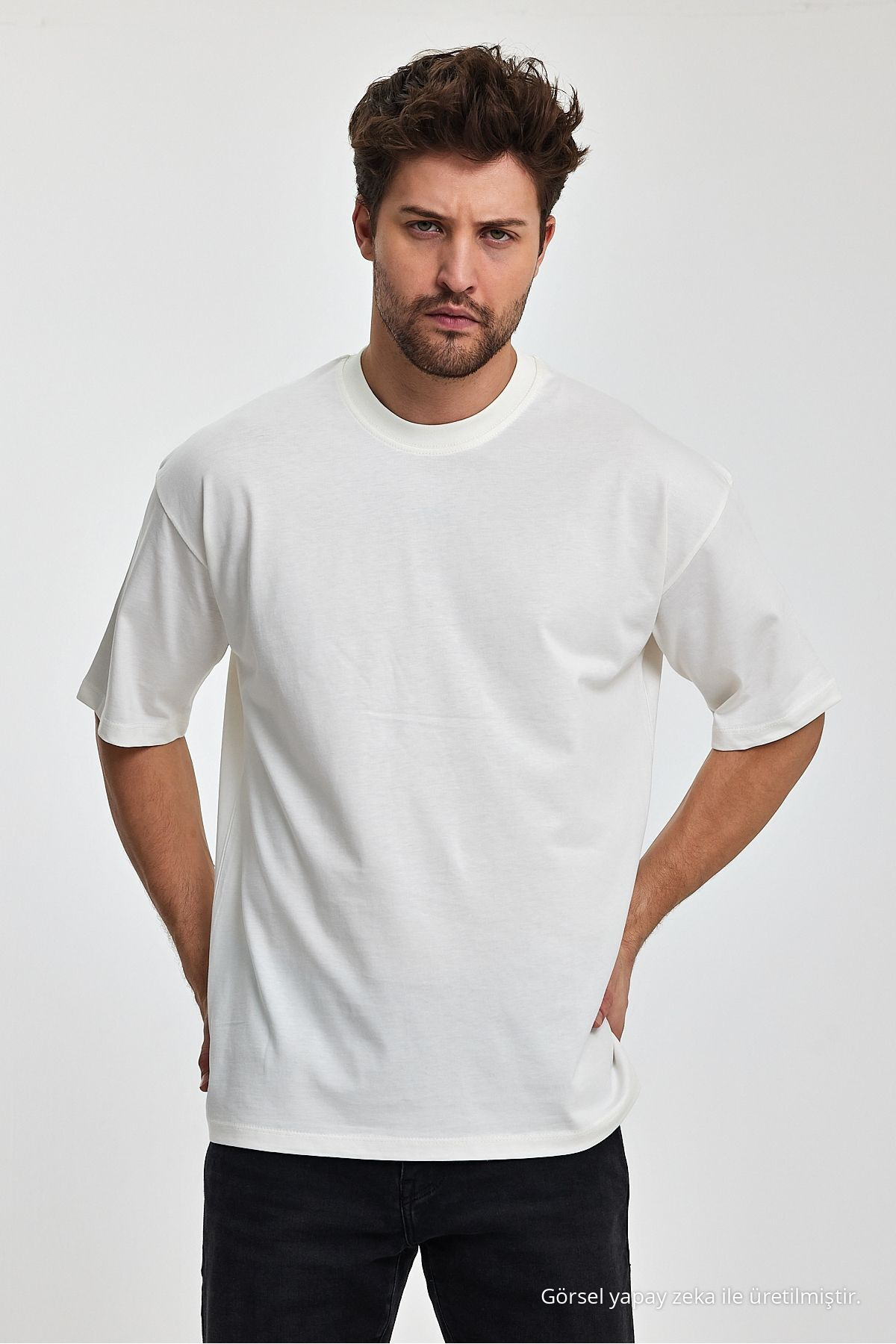 Erkek Oversize Fit Kalın Kumaş Dokulu Bisiklet Yaka T-shirt EKRU 3