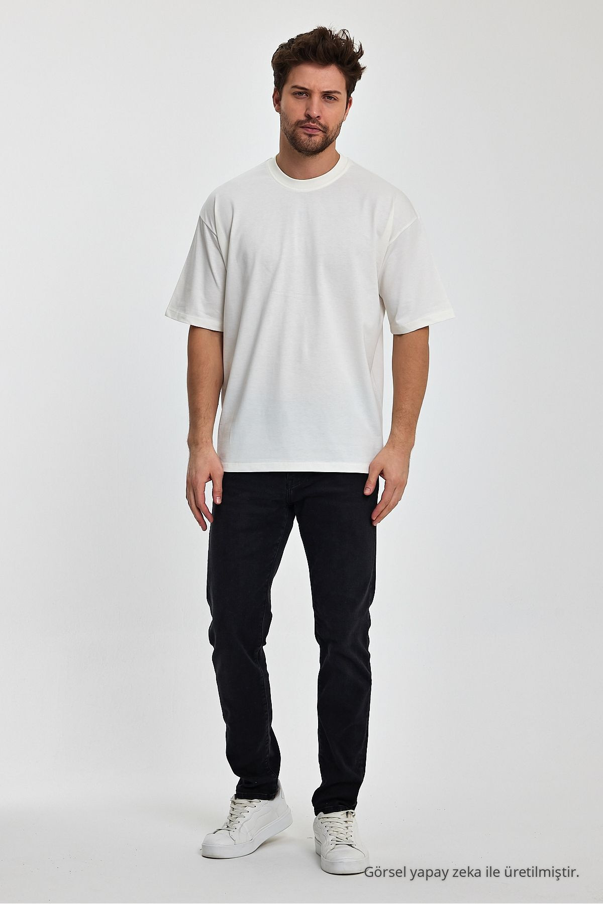 Erkek Oversize Fit Kalın Kumaş Dokulu Bisiklet Yaka T-shirt EKRU 6