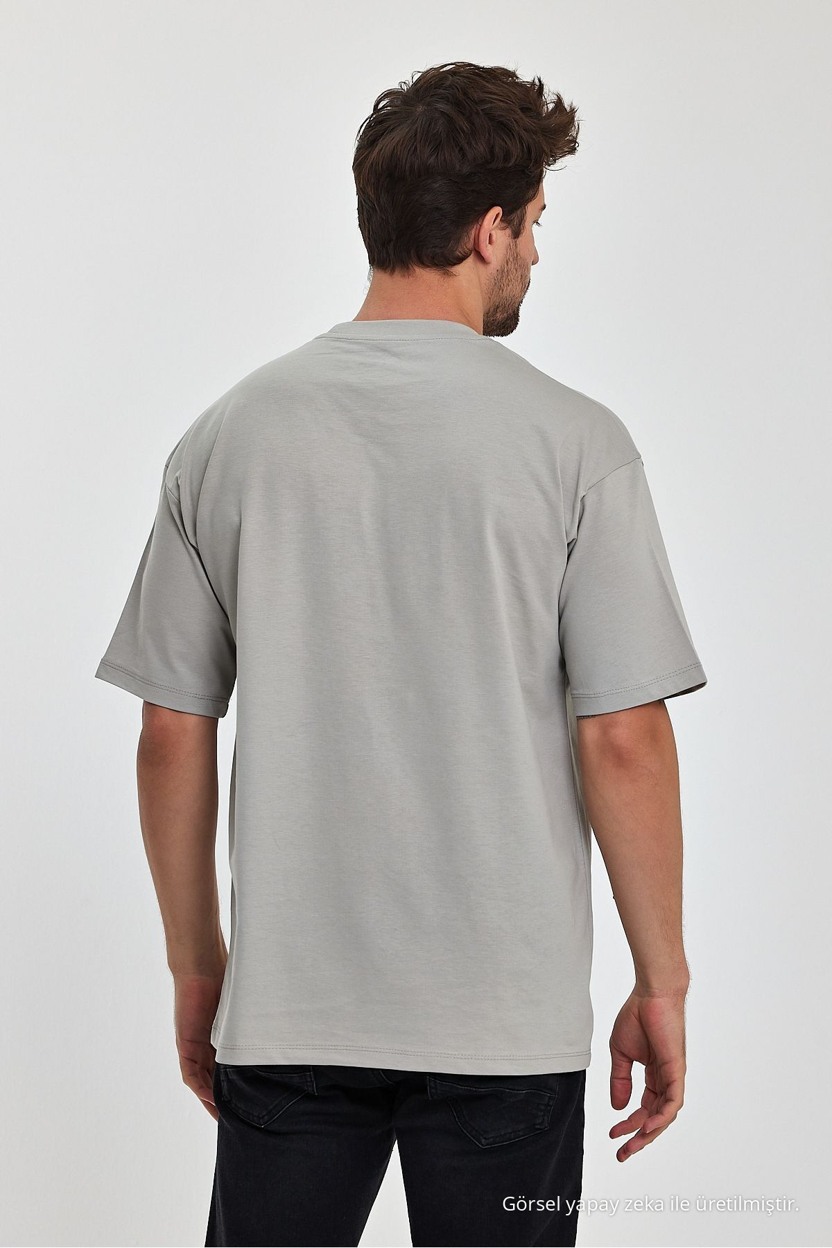 Erkek Oversize Fit Kalın Kumaş Dokulu Bisiklet Yaka T-shirt GRI 7