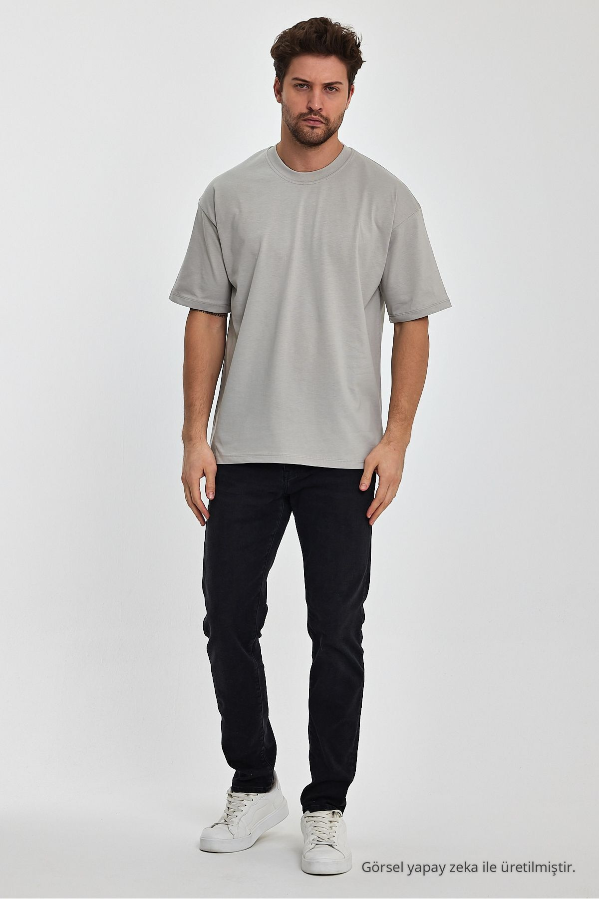 Erkek Oversize Fit Kalın Kumaş Dokulu Bisiklet Yaka T-shirt GRI 6
